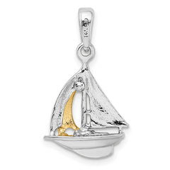 De-Ani Sterling Silver Rhodium-Plated Polished 3D Sailboat with 14k Sail Pendant
