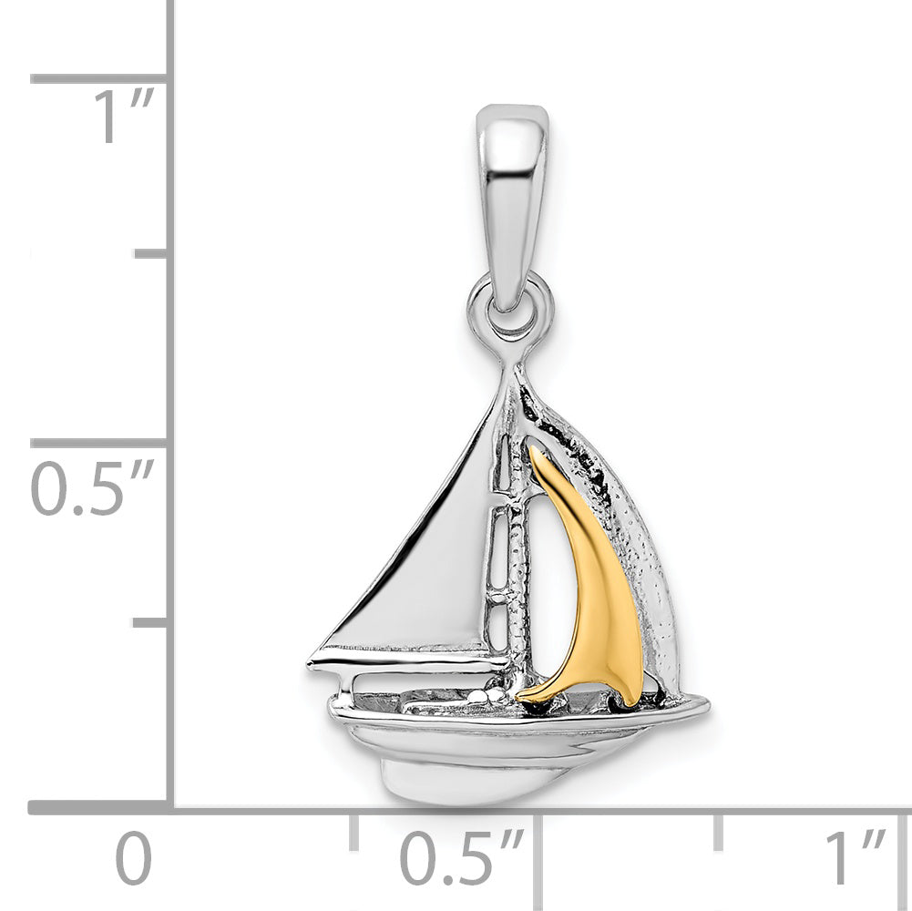 De-Ani Sterling Silver Rhodium-Plated Polished 3D Sailboat with 14k Sail Pendant