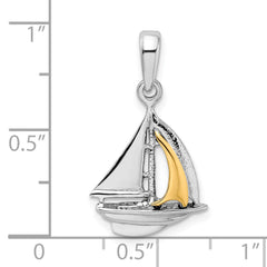De-Ani Sterling Silver Rhodium-Plated Polished 3D Sailboat with 14k Sail Pendant