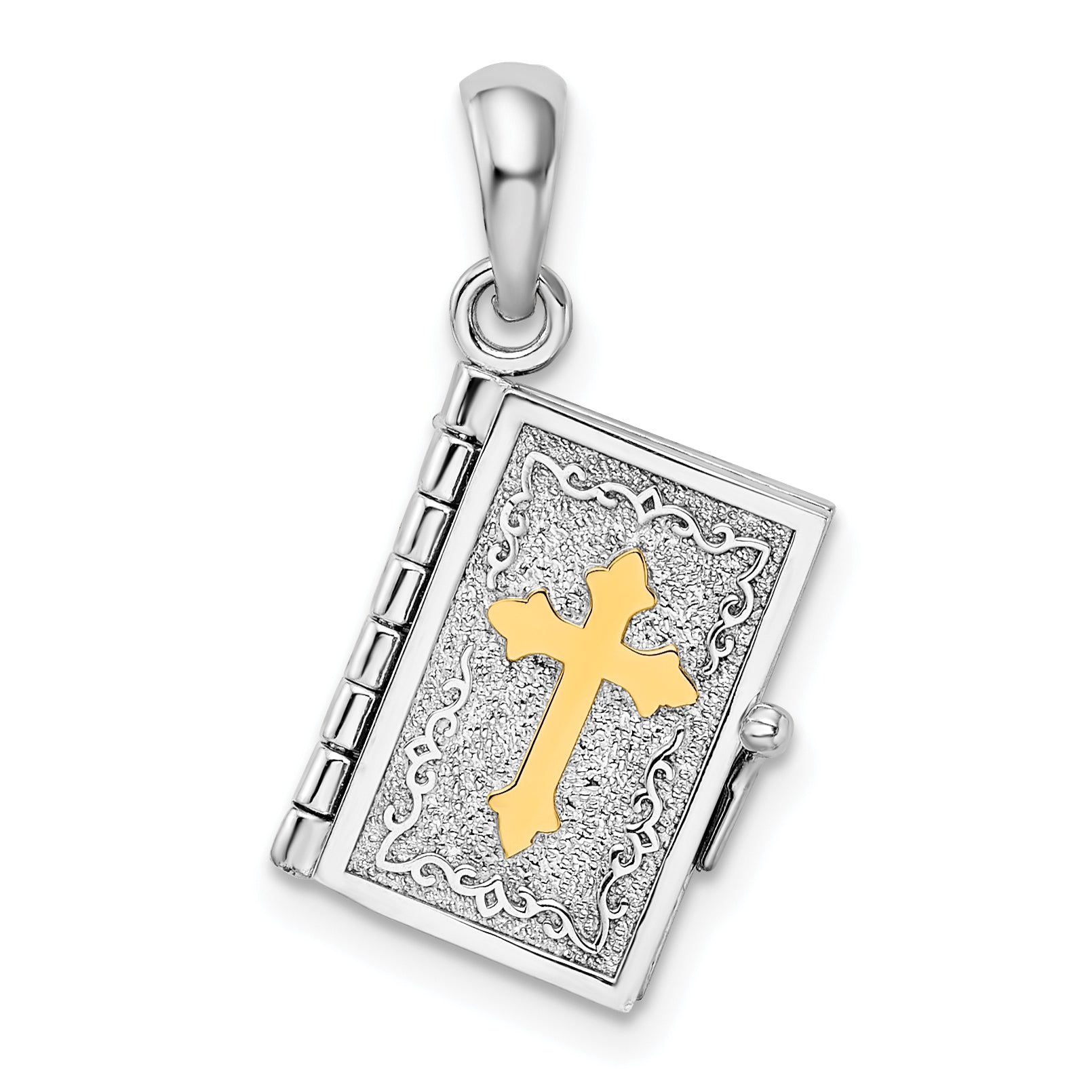 De-Ani Sterling Silver Rhodium-Plated Texture Lords Prayer Bible with 14k Cross Pendant Main image