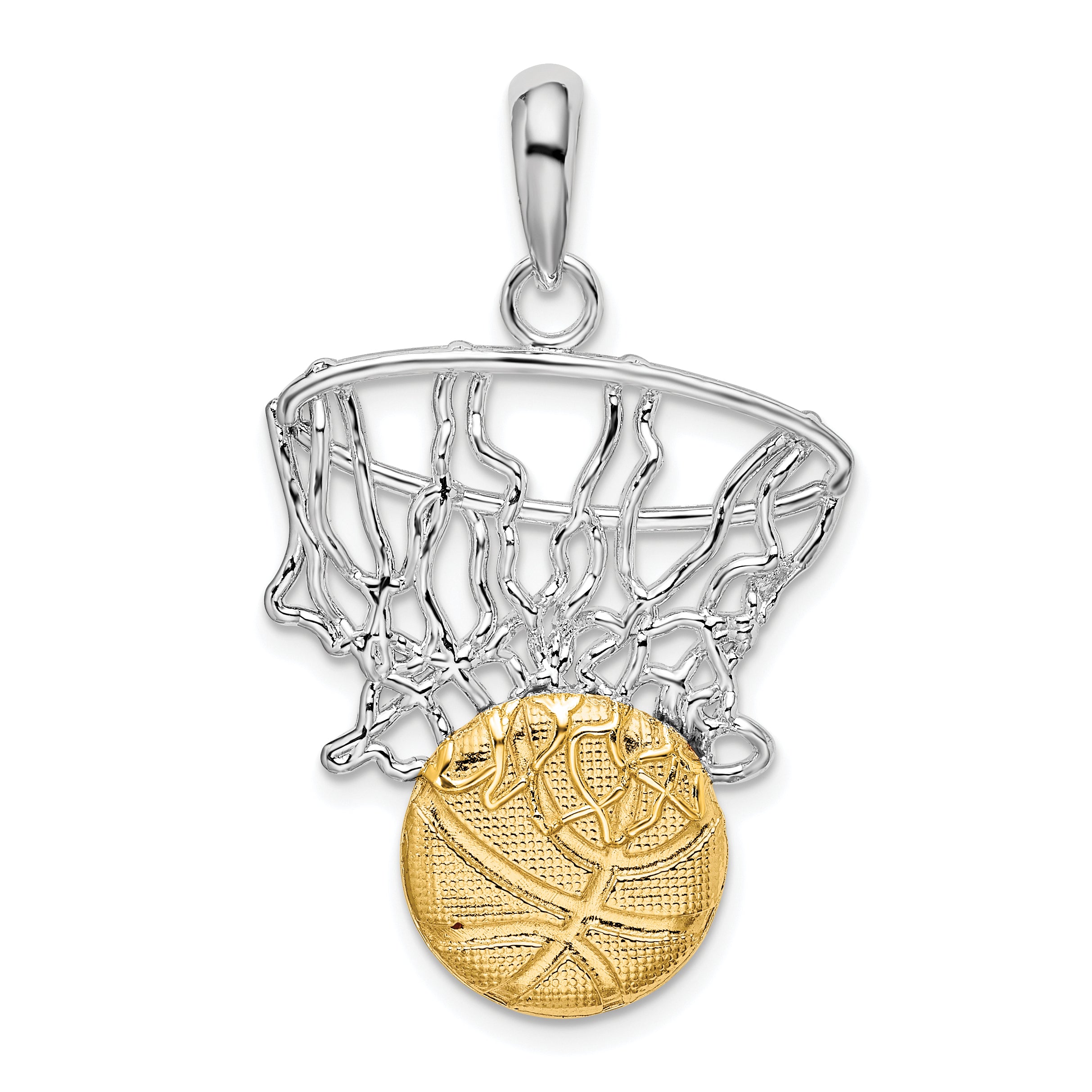 De-Ani Sterling Silver Rhodium-Plated Polished Net with 14k Basketball Pendant Main image