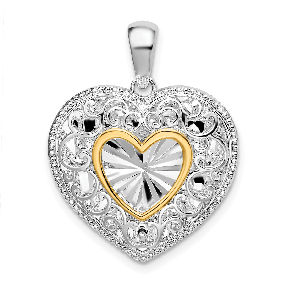 De-Ani Sterling Silver Rhodium-plated Polished Heart with 14k Accent Pendant