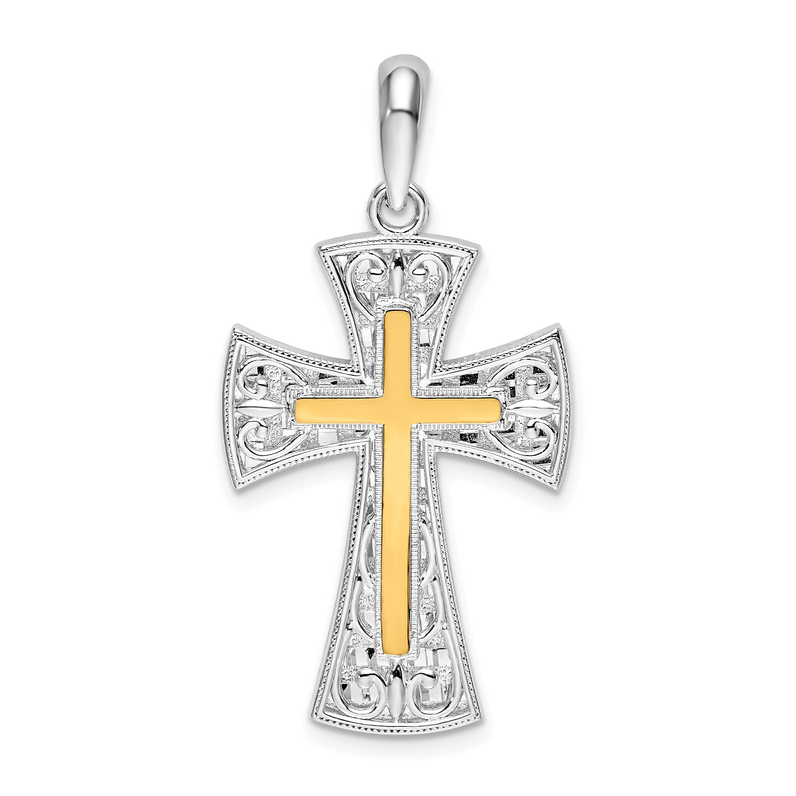 De-Ani Sterling Silver Rhodium-Plated Polished Fancy Cross with 14k Accent Pendant Main image