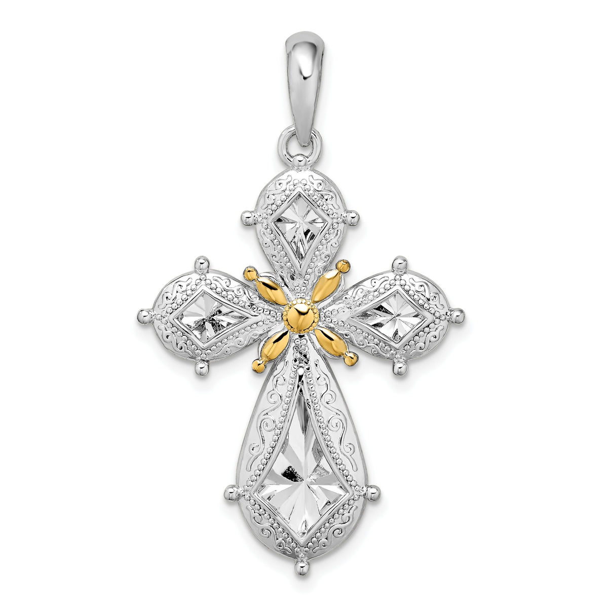 Filigree Cross Pendant in Sterling Silver & 14K Gold, 32mm - Sophia Jewelers Main image