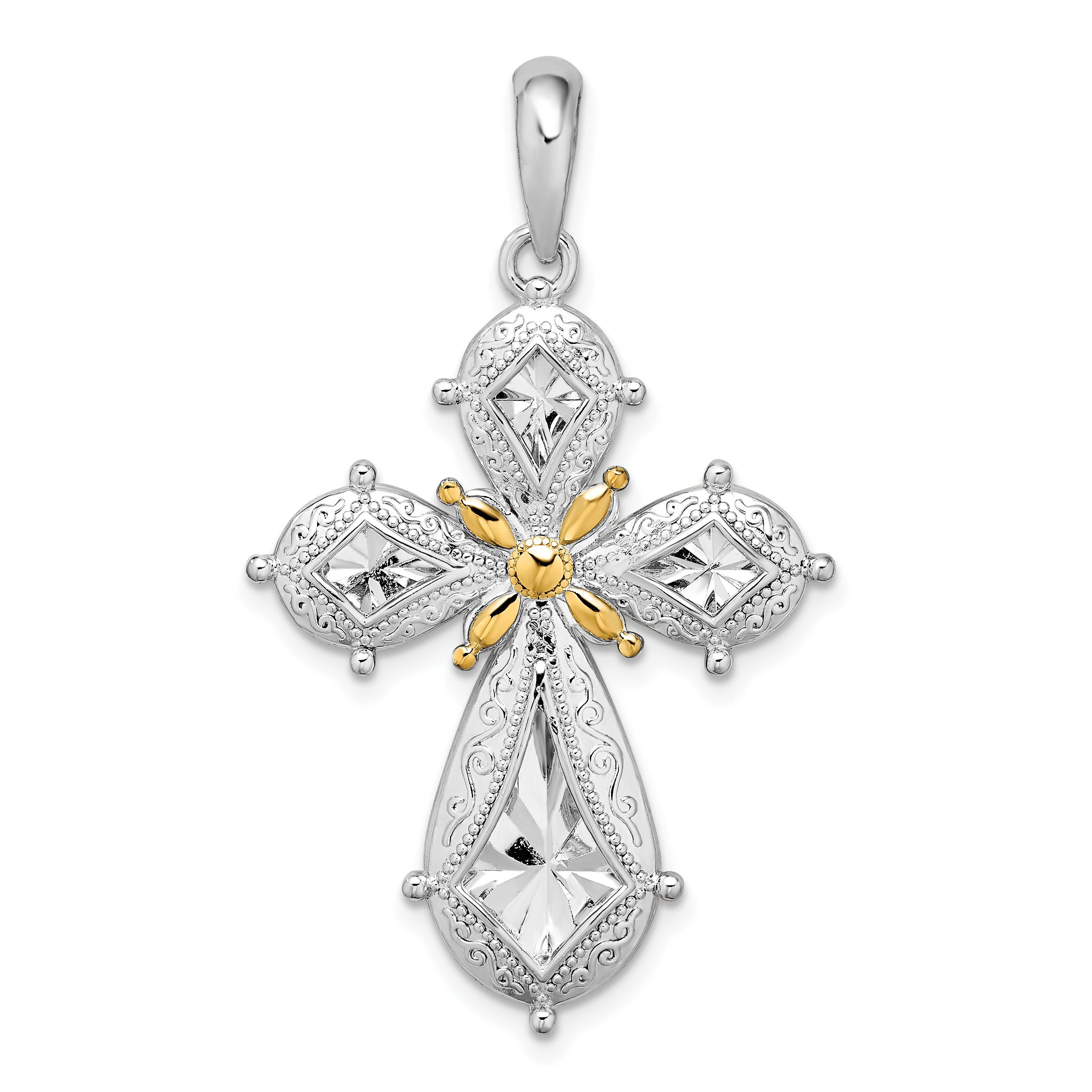 De-Ani Sterling Silver Rhodium-Plated Polished Filigree Cross with 14k Accent Pendant Main image