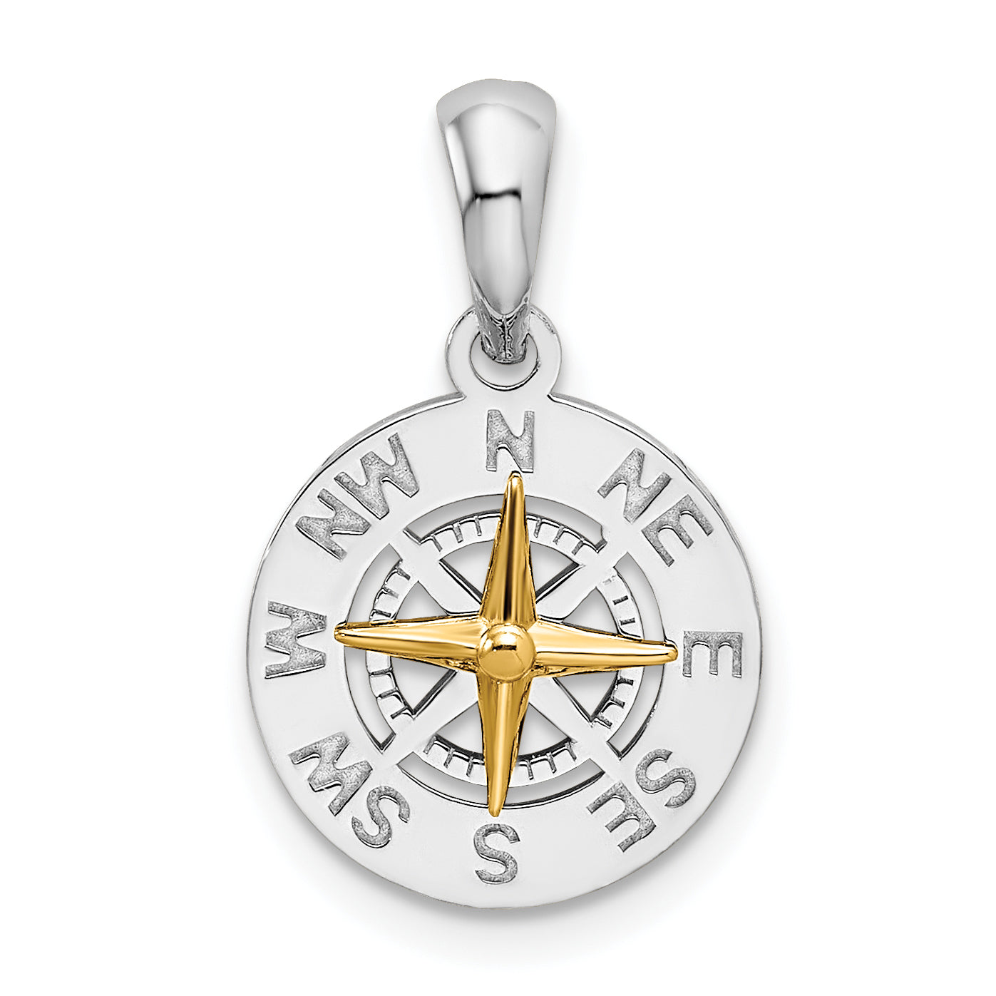 De-Ani Sterling Silver Rhodium-Plated Polished Mini Compass with 14k Needle Pendant Main image