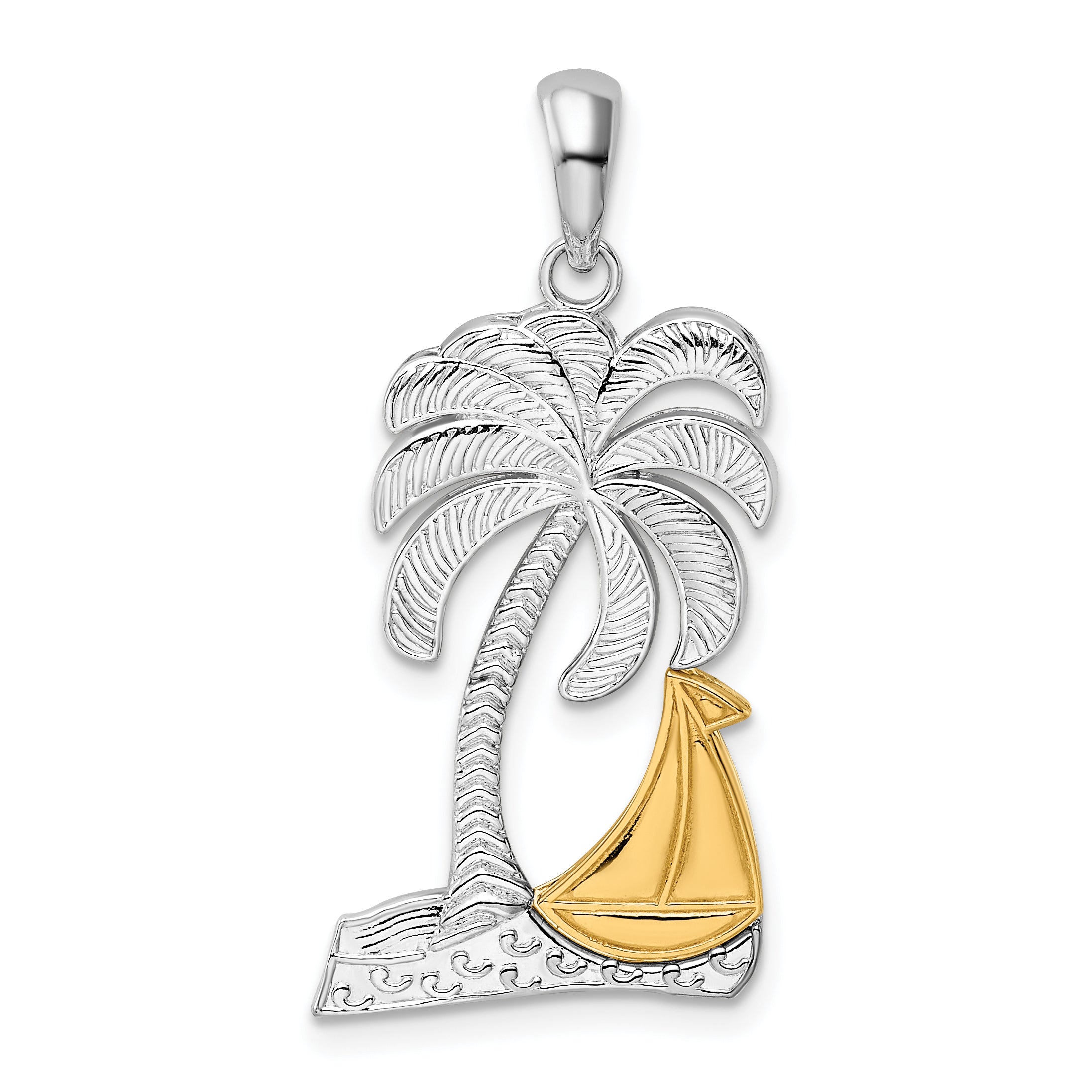 De-Ani Sterling Silver Rhodium-Plated Polished Palm Tree with 14k Sailboat Pendant Main image