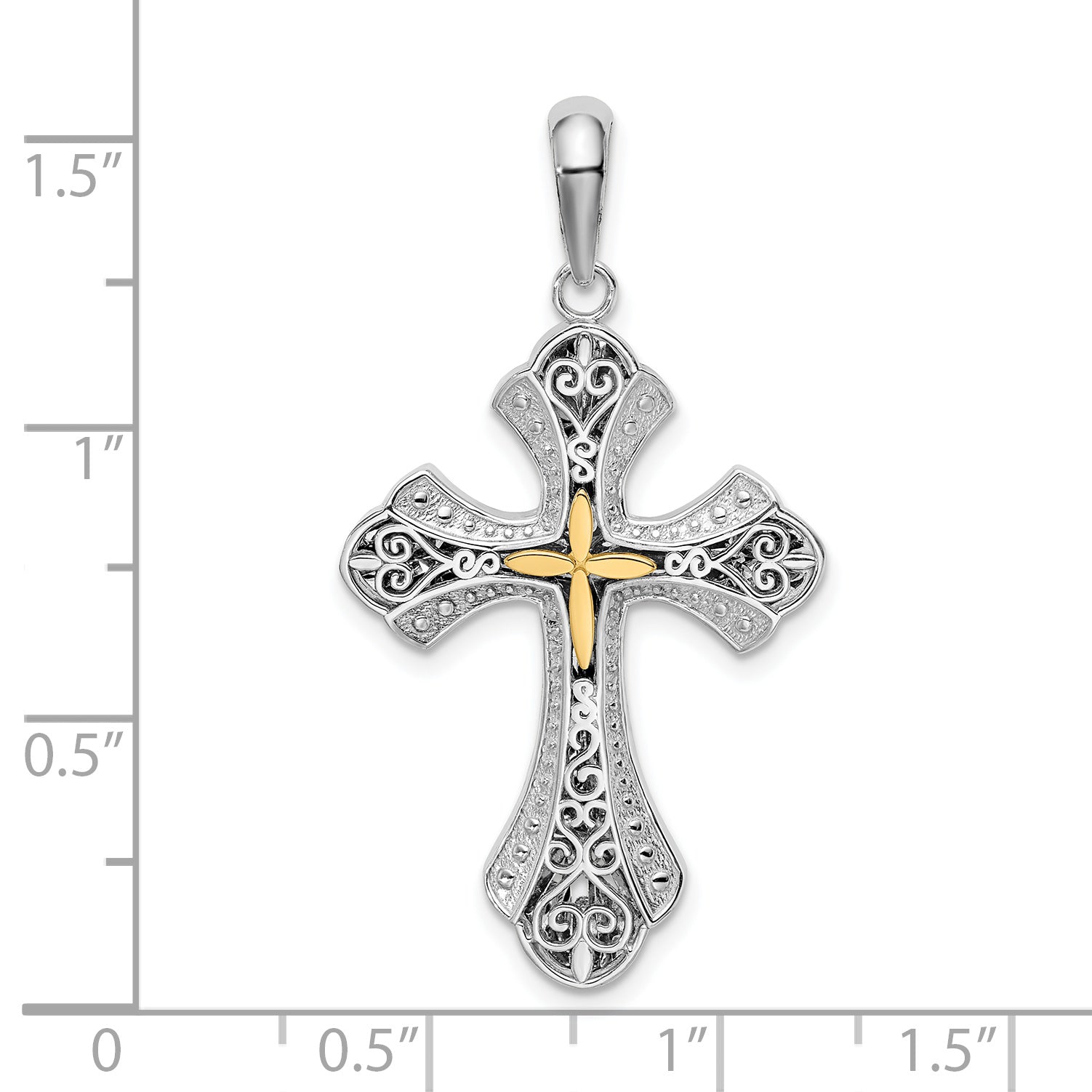De-Ani Sterling Silver Rhodium-Plated Filigree Budded Cross with 14k Accent Pendant