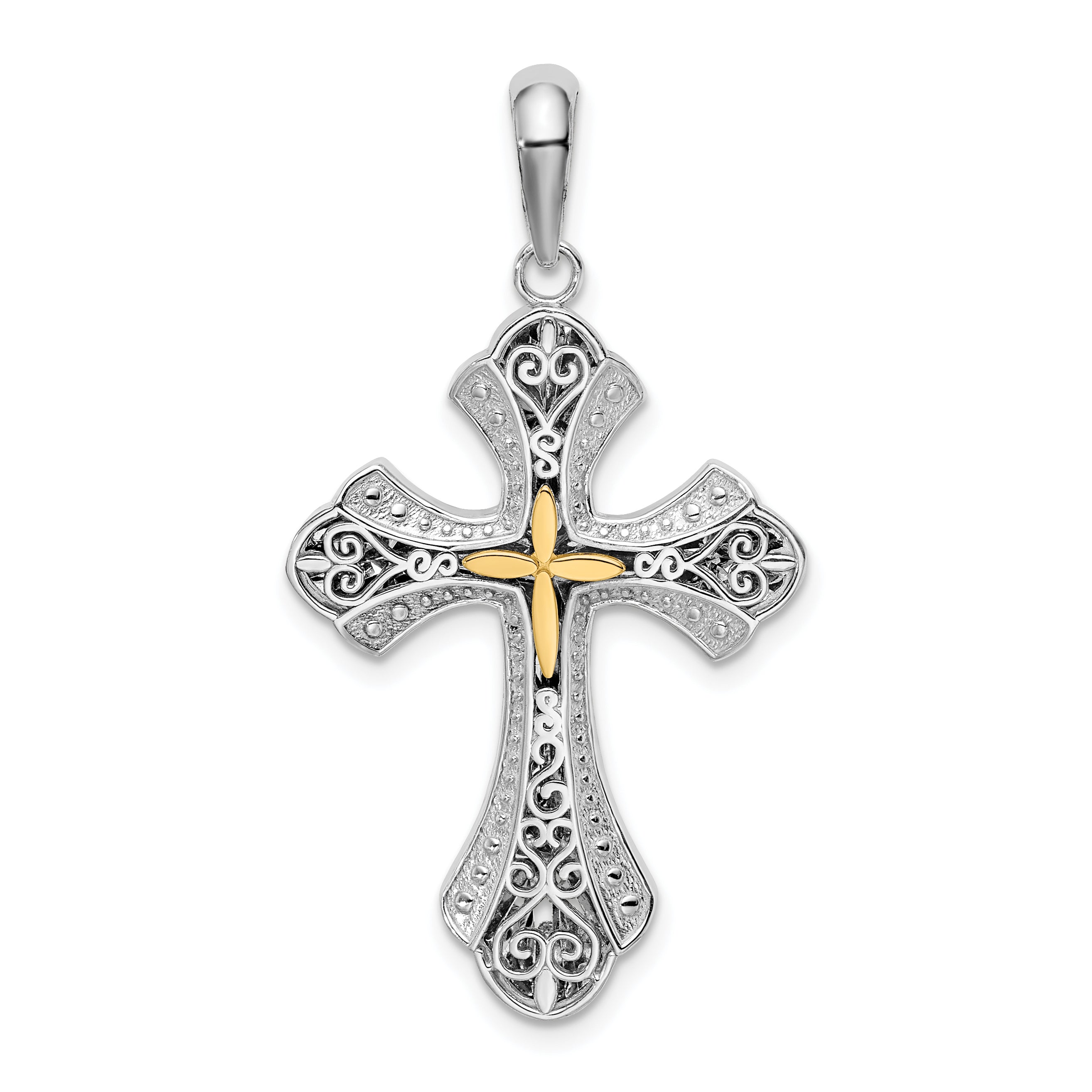 De-Ani Sterling Silver Rhodium-Plated Filigree Budded Cross with 14k Accent Pendant Main image
