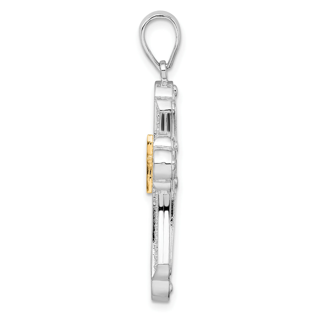 De-Ani Sterling Silver Rhodium-Plated Diamond-Cut Budded Cross with 14k Accent Pendant