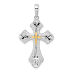 De-Ani Sterling Silver Rhodium-Plated Diamond-Cut Budded Cross with 14k Accent Pendant