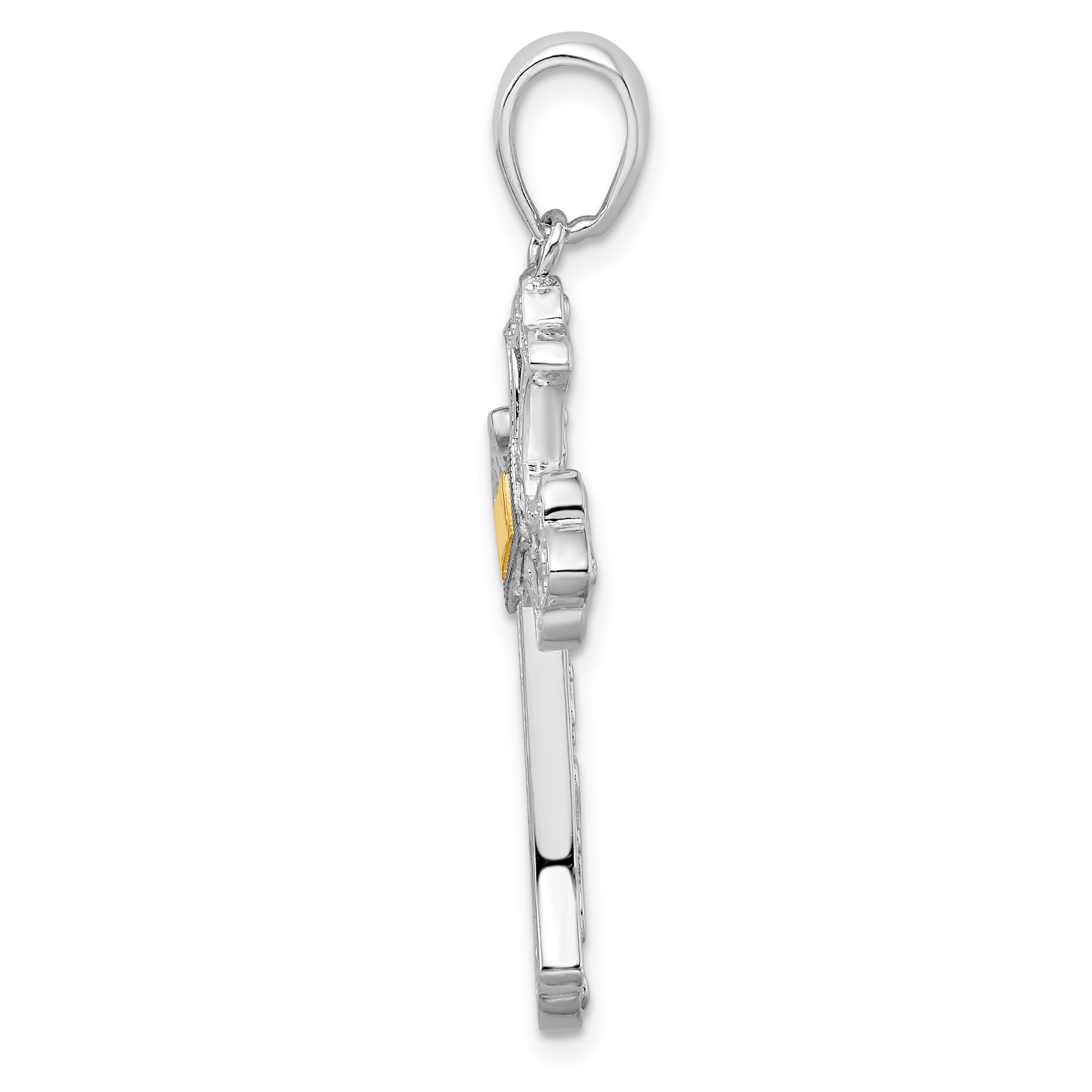 De-Ani Sterling Silver Rhodium-Plated Diamond-Cut Fleur de Lis Cross with 14k Accent Pendant Secondary image