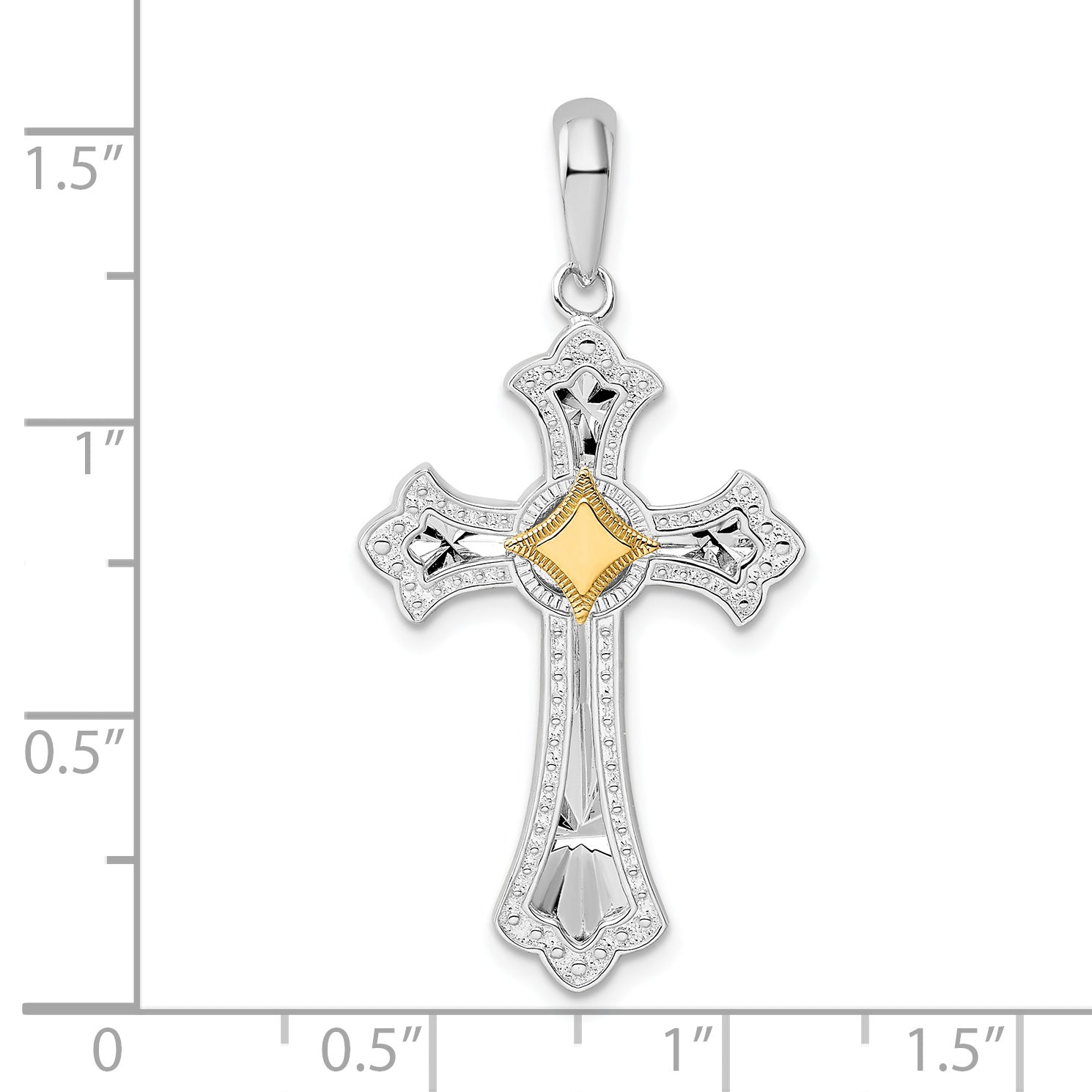De-Ani Sterling Silver Rhodium-Plated Diamond-Cut Fleur de Lis Cross with 14k Accent Pendant