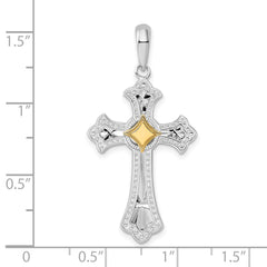 De-Ani Sterling Silver Rhodium-Plated Diamond-Cut Fleur de Lis Cross with 14k Accent Pendant