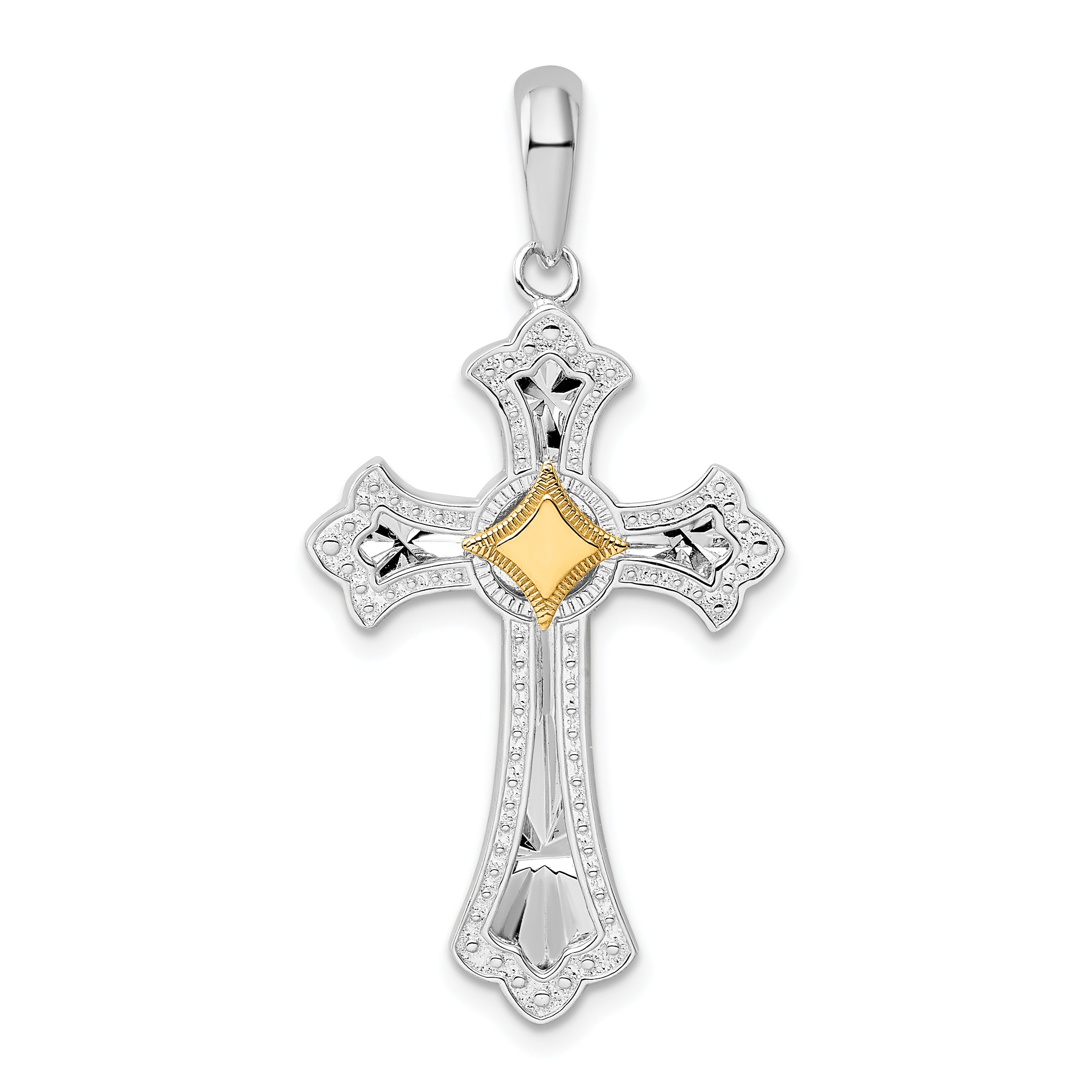De-Ani Sterling Silver Rhodium-Plated Diamond-Cut Fleur de Lis Cross with 14k Accent Pendant