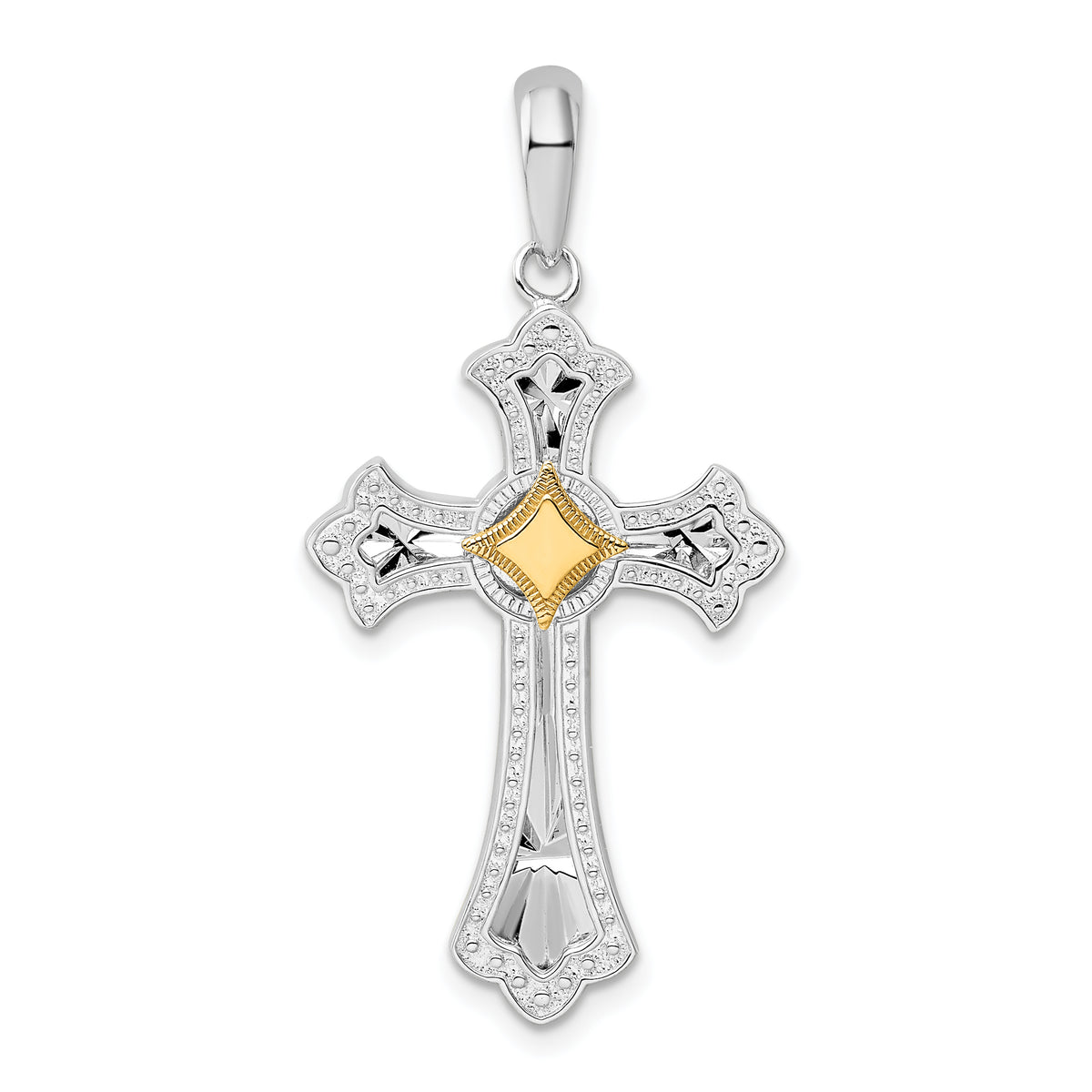De-Ani Sterling Silver Rhodium-Plated Diamond-Cut Fleur de Lis Cross with 14k Accent Pendant