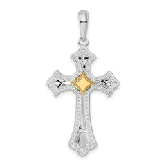 De-Ani Sterling Silver Rhodium-Plated Diamond-Cut Fleur de Lis Cross with 14k Accent Pendant