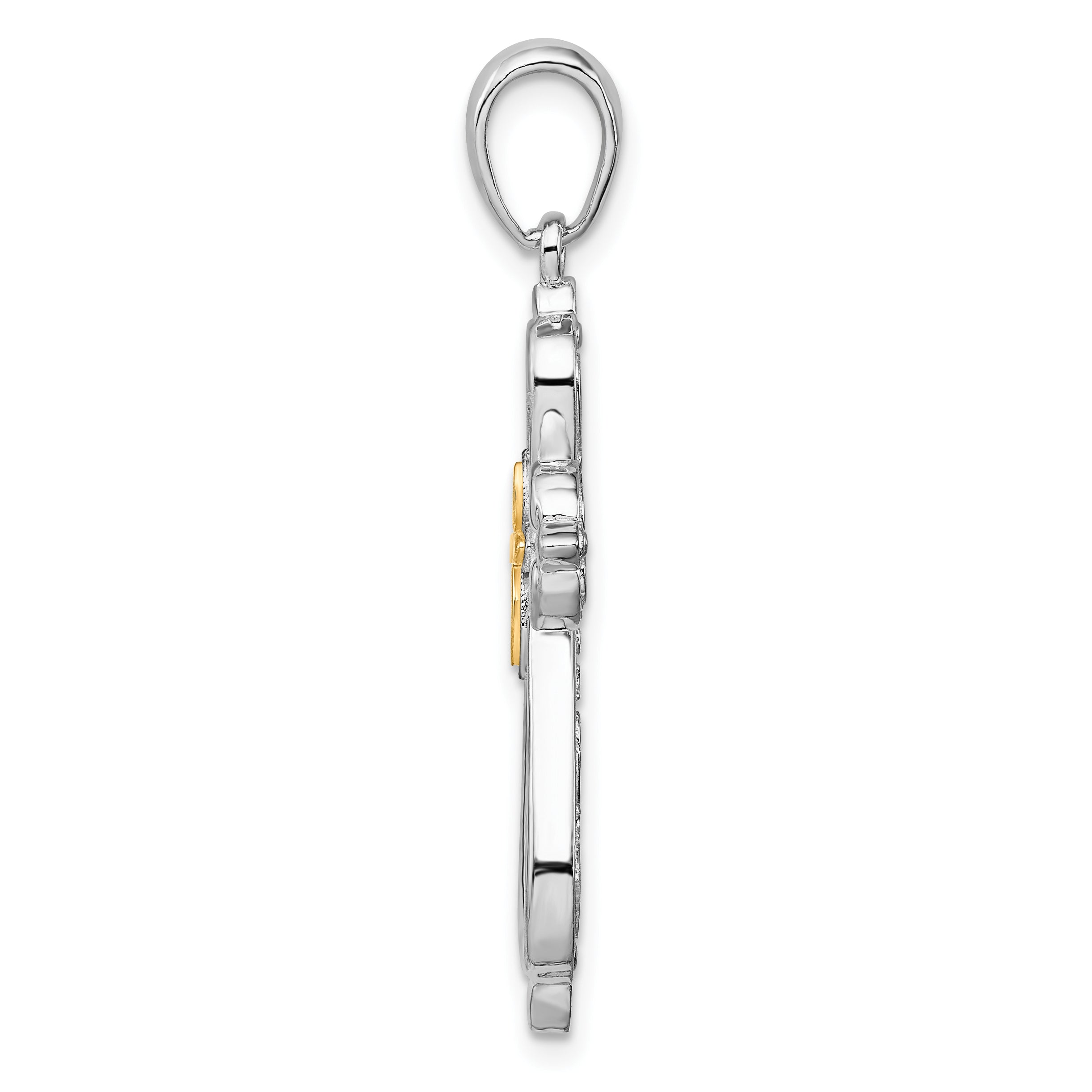 De-Ani Sterling Silver Rhodium-Plated Diamond-Cut Rounded Cross with 14k Accent Pendant Secondary image