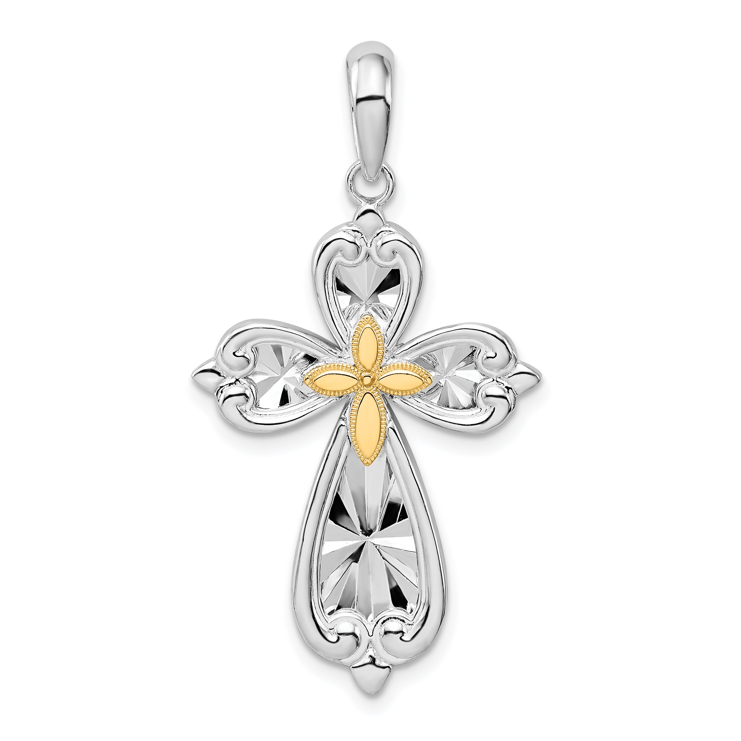 De-Ani Sterling Silver Rhodium-Plated Diamond-Cut Rounded Cross with 14k Accent Pendant Main image