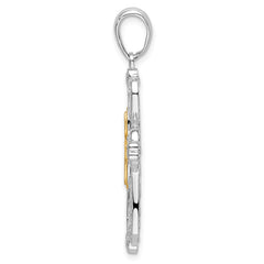De-Ani Sterling Silver Rhodium-Plated Diamond-Cut Heart Cross with 14k Accent Pendant