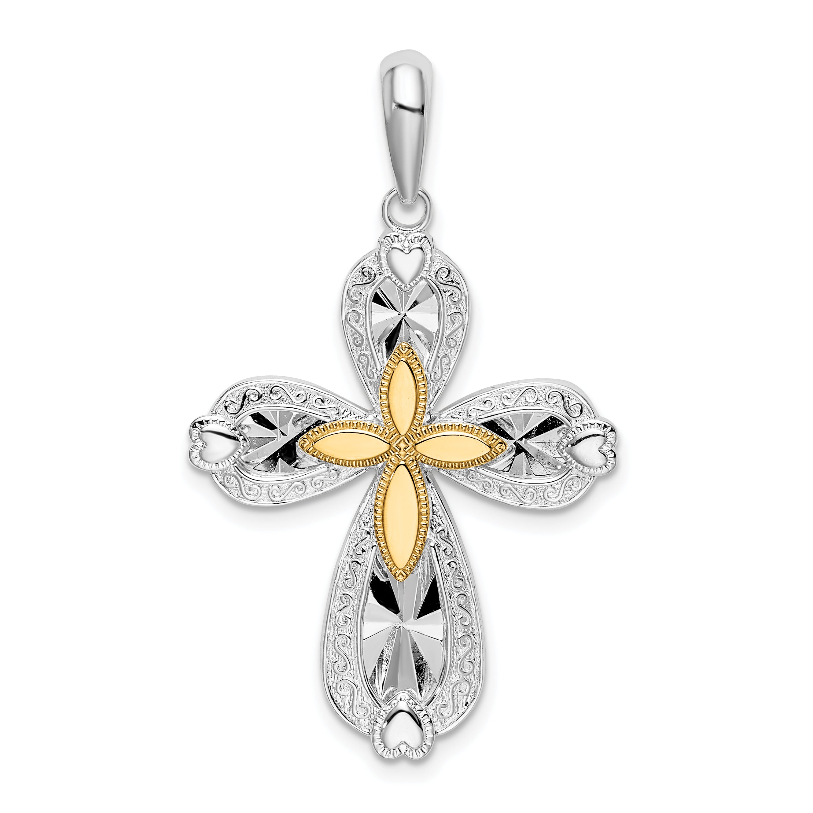 De-Ani Sterling Silver Rhodium-Plated Diamond-Cut Heart Cross with 14k Accent Pendant Main image