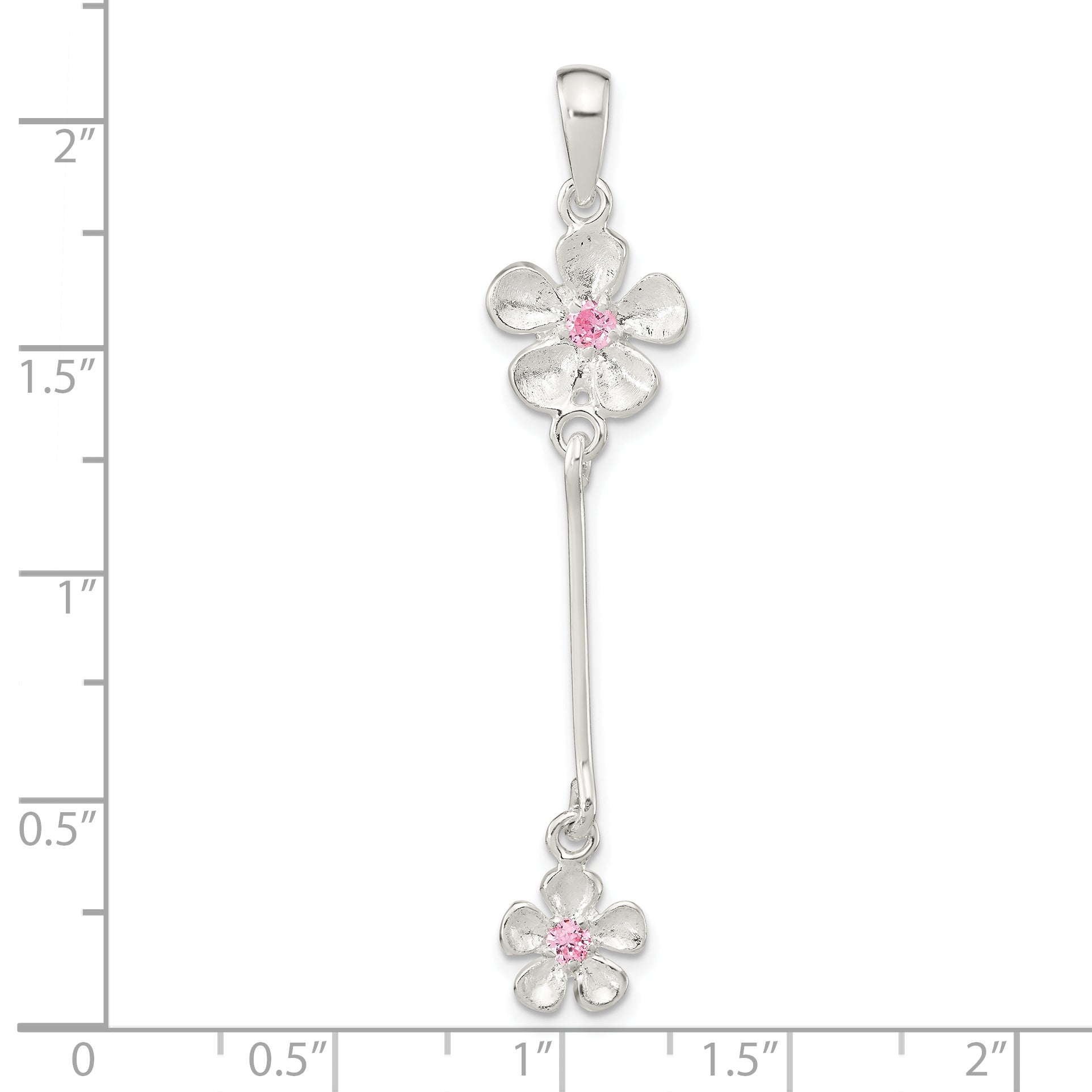 Sterling Silver Brush & Polished Pink CZ Flower Dangle Pendant Secondary image