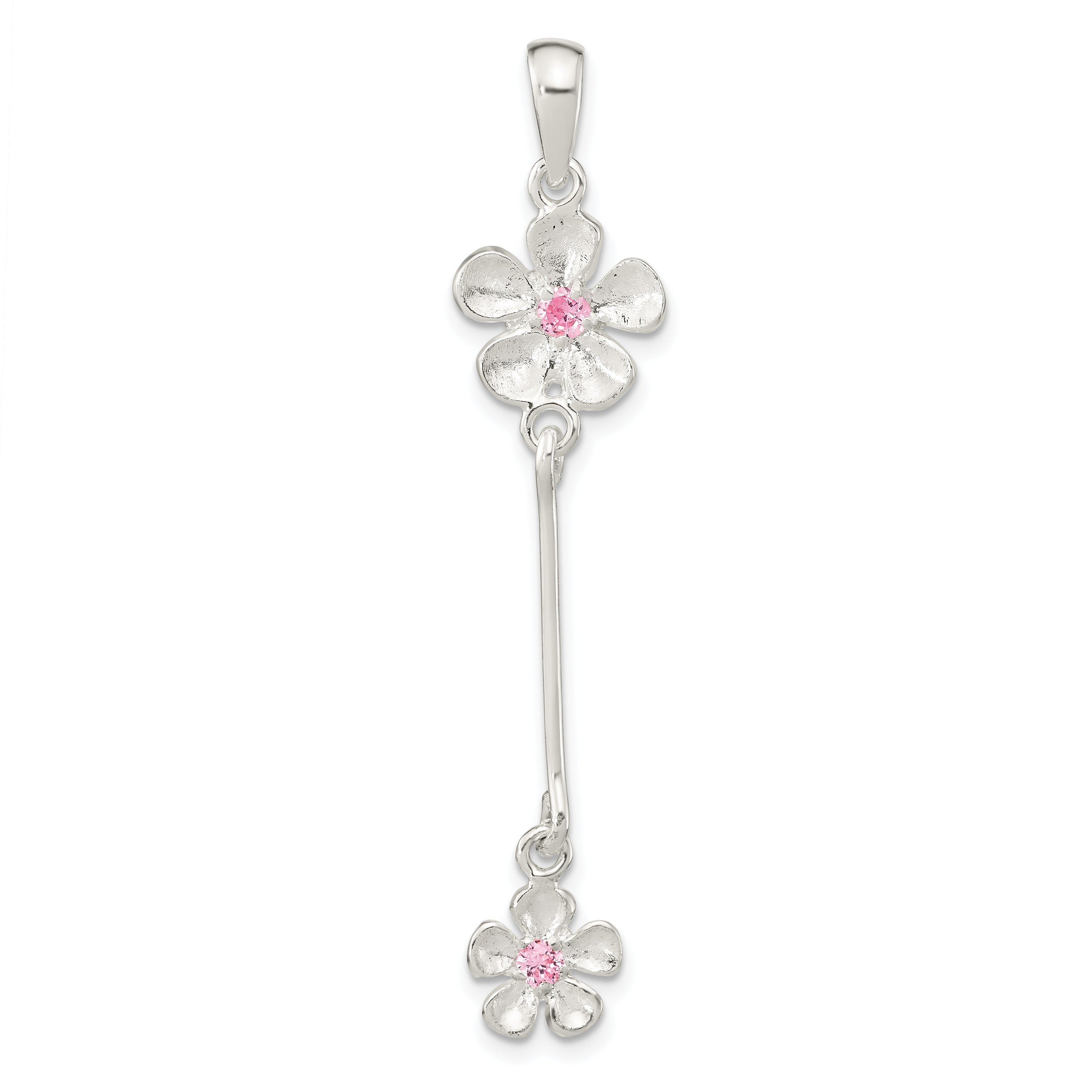 Sterling Silver Brush & Polished Pink CZ Flower Dangle Pendant Main image