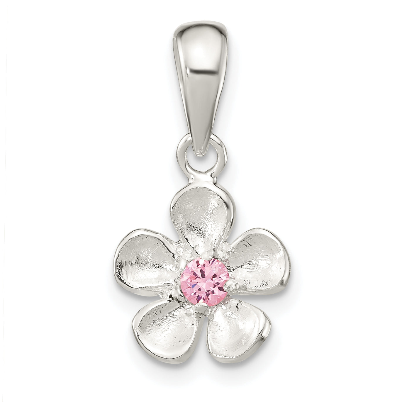 Sterling Silver Brushed & Polished Pink CZ Flower Pendant Main image