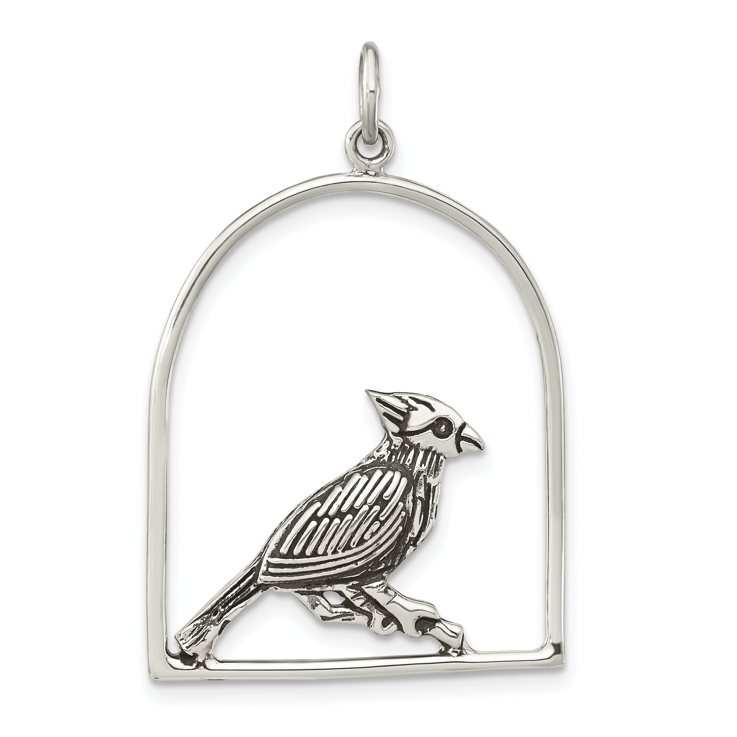 Sterling Silver Antiqued Bird on Branch in Cage Pendant Main image