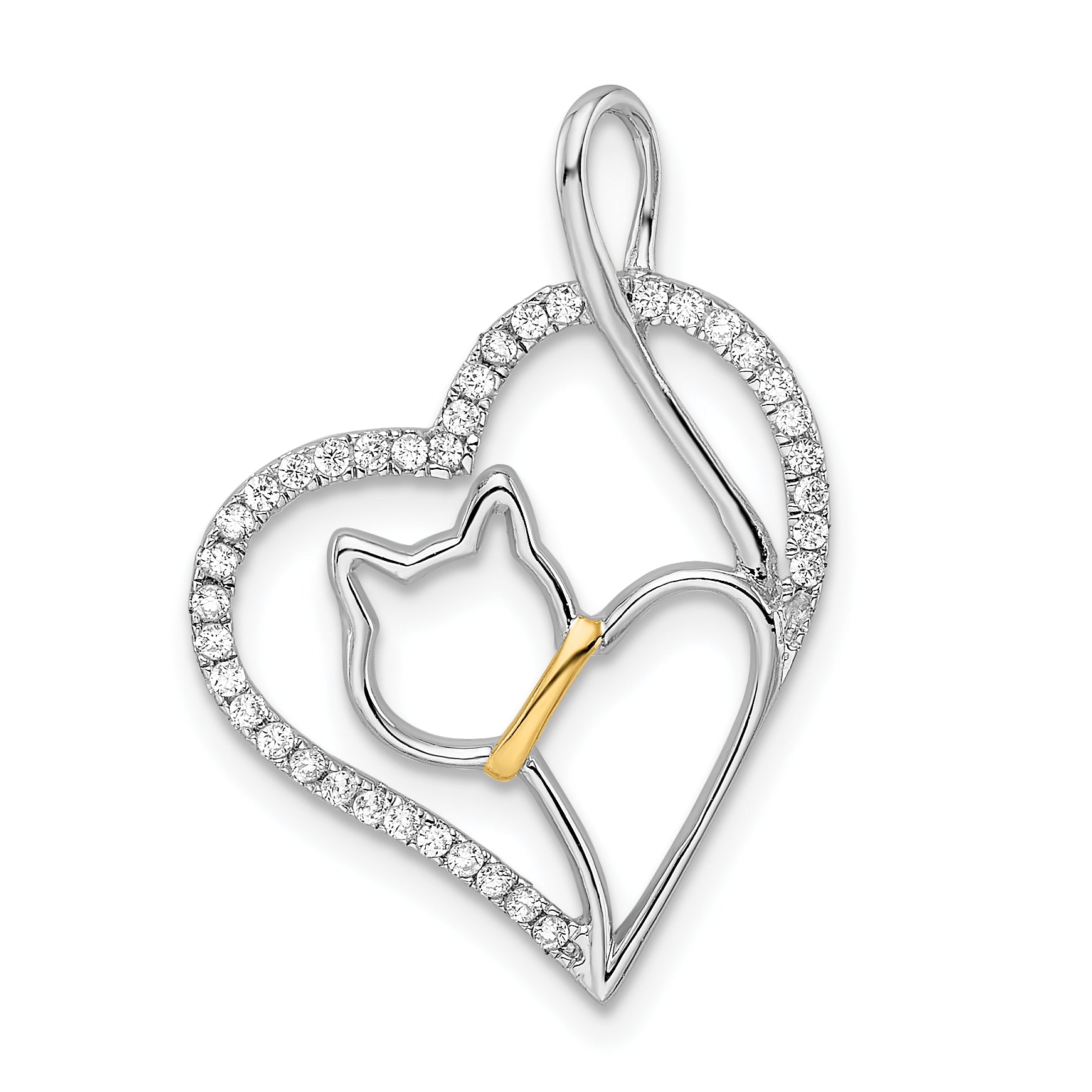Sterling Silver Rhodium-plated Gold-tone CZ Cat in Heart Pendant Main image