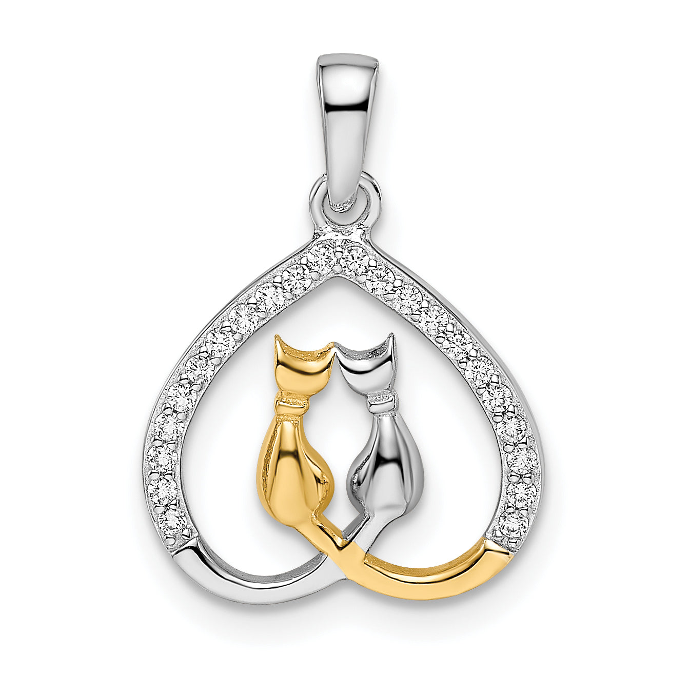 Sterling Silver RH-plated & Gold-plated CZ Heart w/Two Cats Pendant Main image