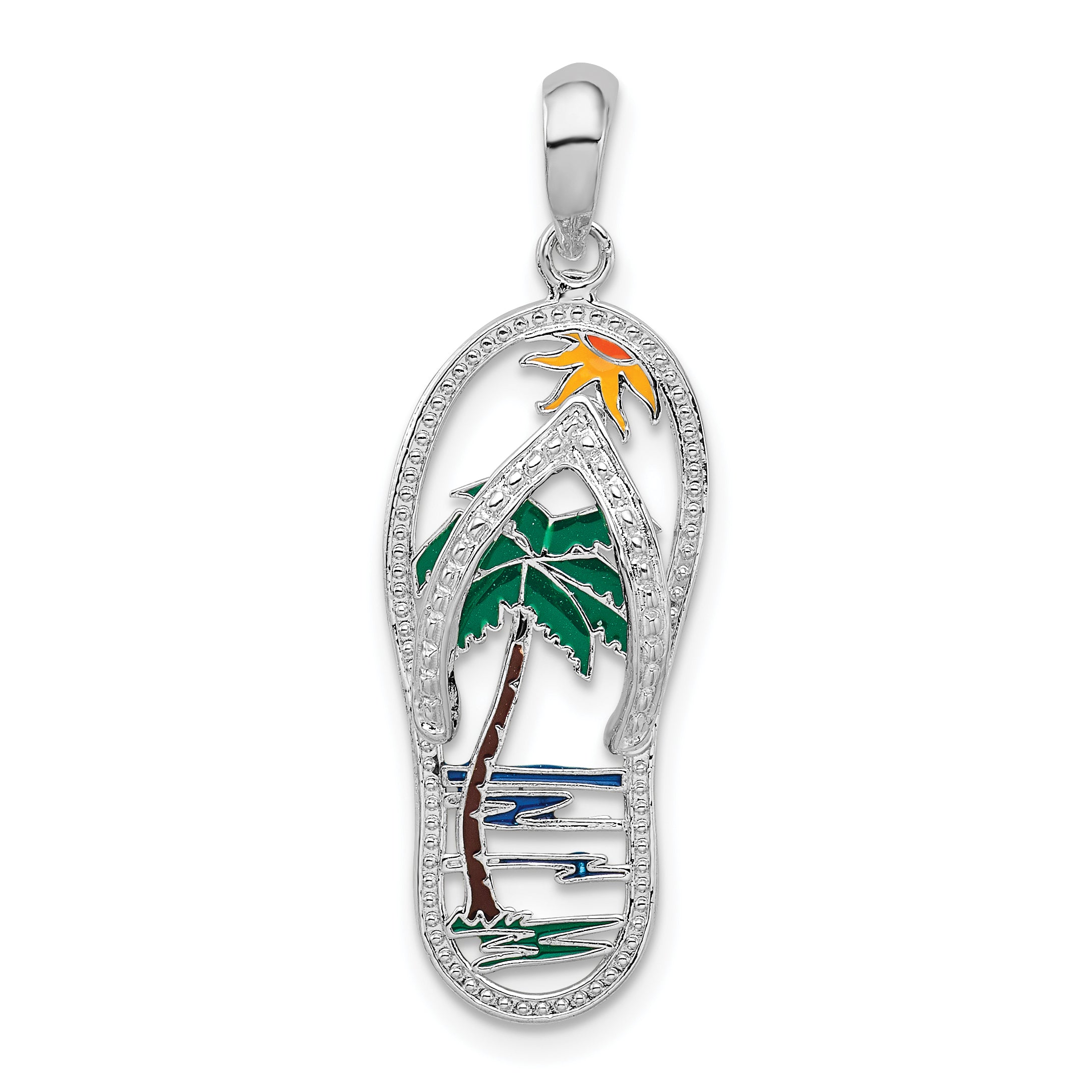 De-Ani Sterling Silver Rhodium-plated Polished Enameled Palm Tree Flip-flop Pendant Main image