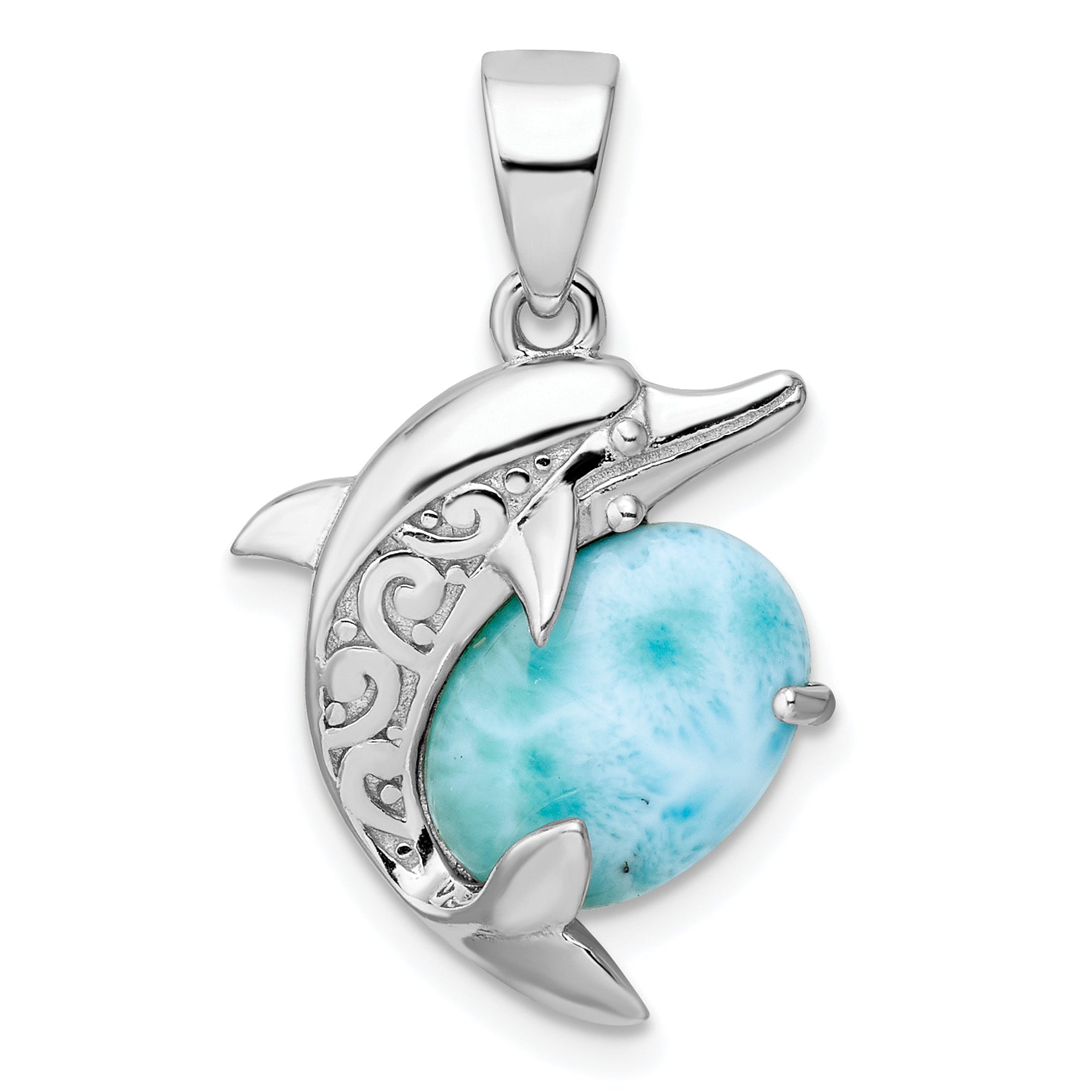 Sterling Silver Rhodium-plated Polished Filigree Dolphin Larimar Pendant Main image