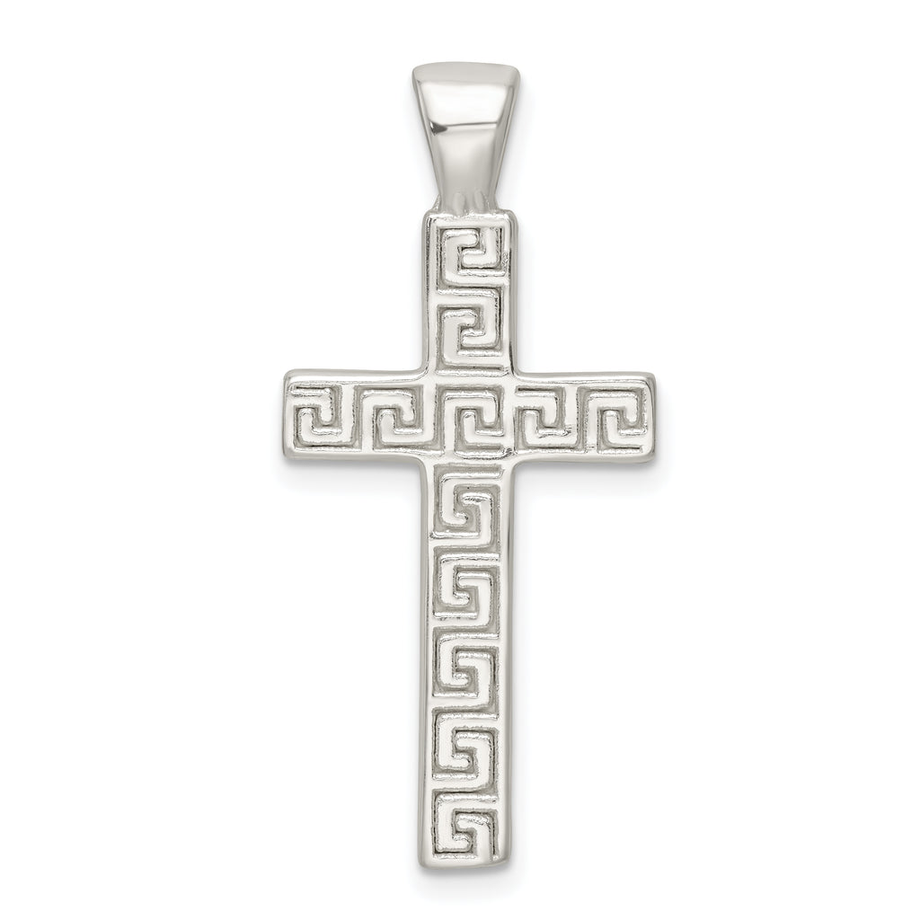 Sterling Silver Polished Greek Key Hollow Latin Cross Pendant