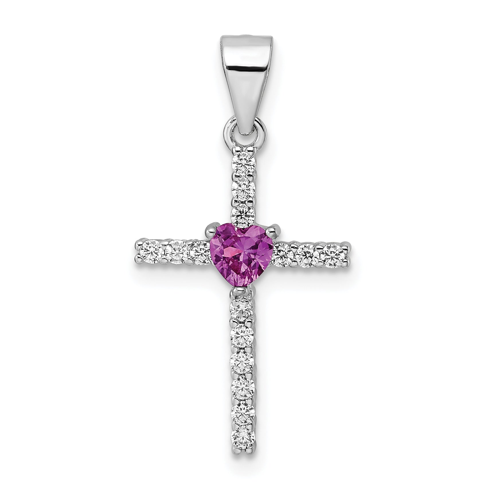 Sterling Silver Rhodium-plated Pink CZ Heart and Clear CZ Cross Pendant Main image