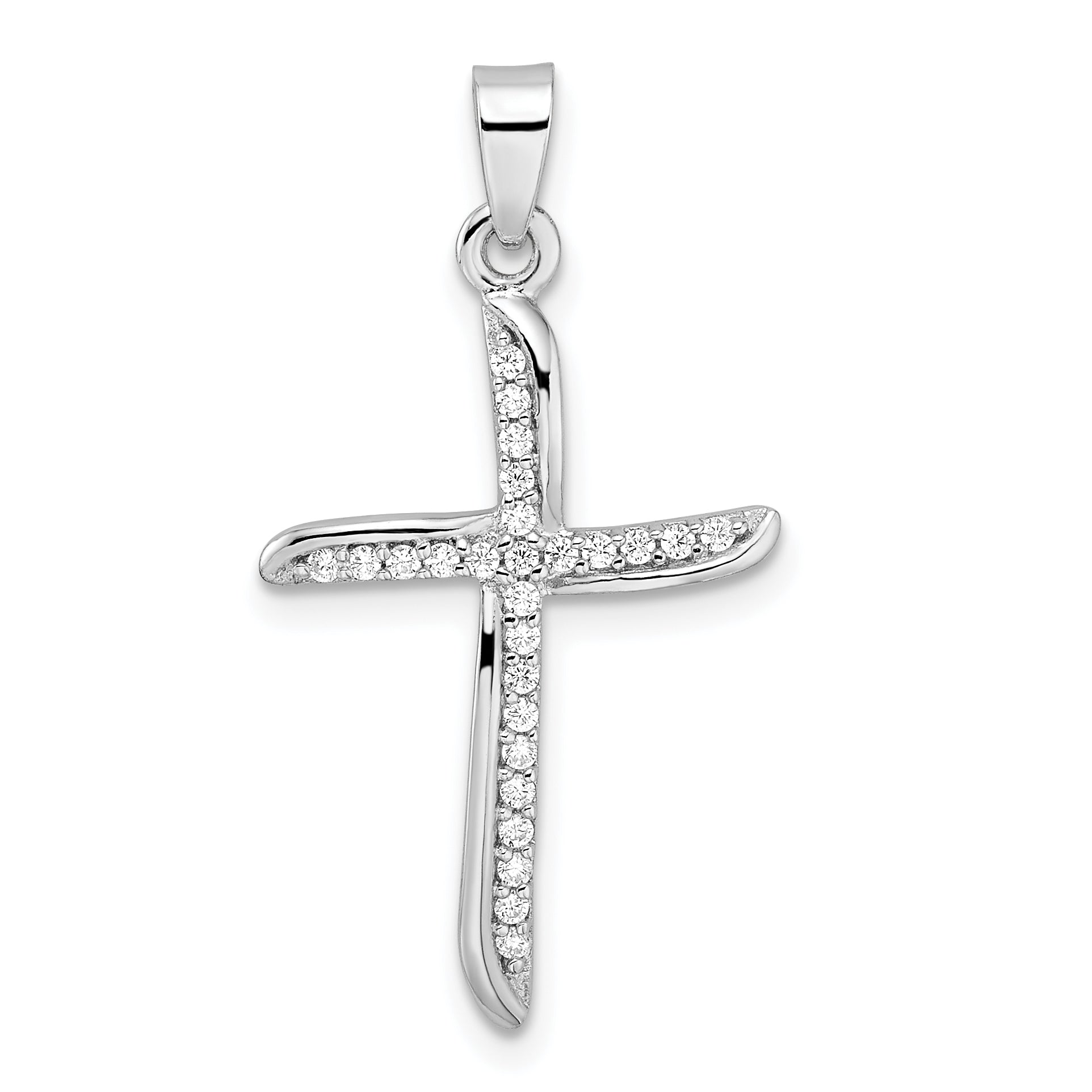 Sterling Silver Rhodium-plated Small CZ Wavy Cross Pendant Main image