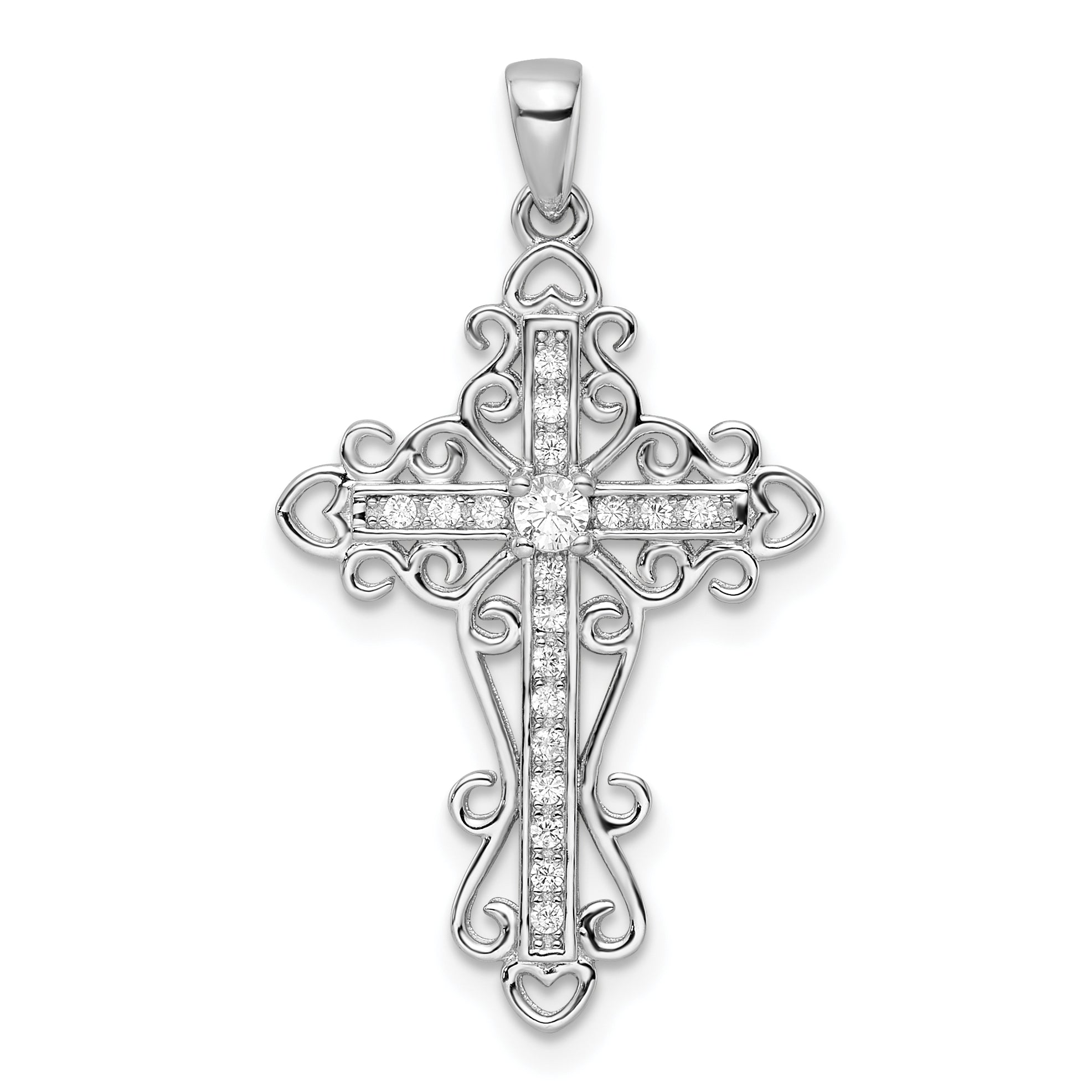 Sterling Silver Rhodium-plated CZ Fancy Cross Pendant Main image