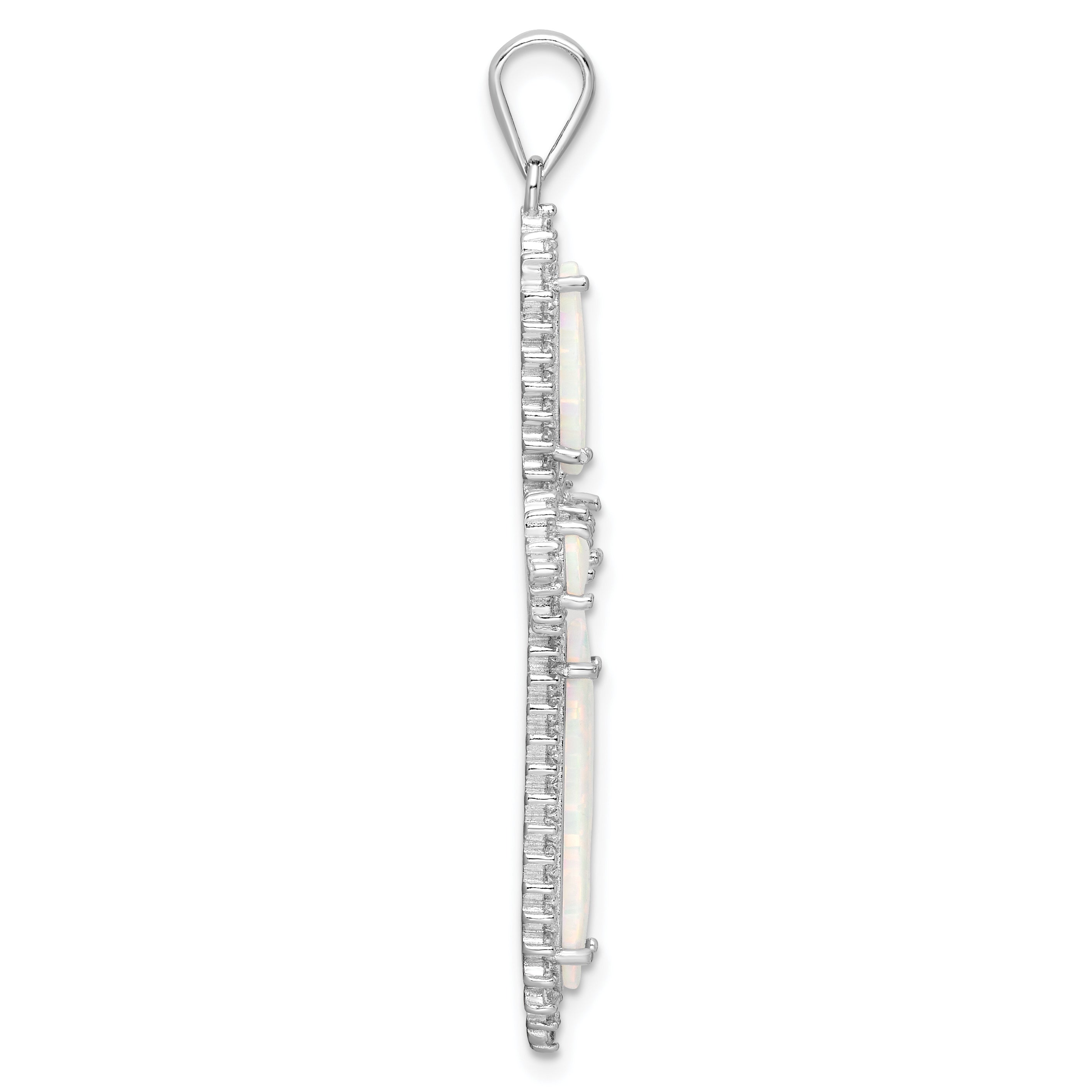 Sterling Silver RH-plated White Created Opal & CZ Border Cross Pendant Secondary image
