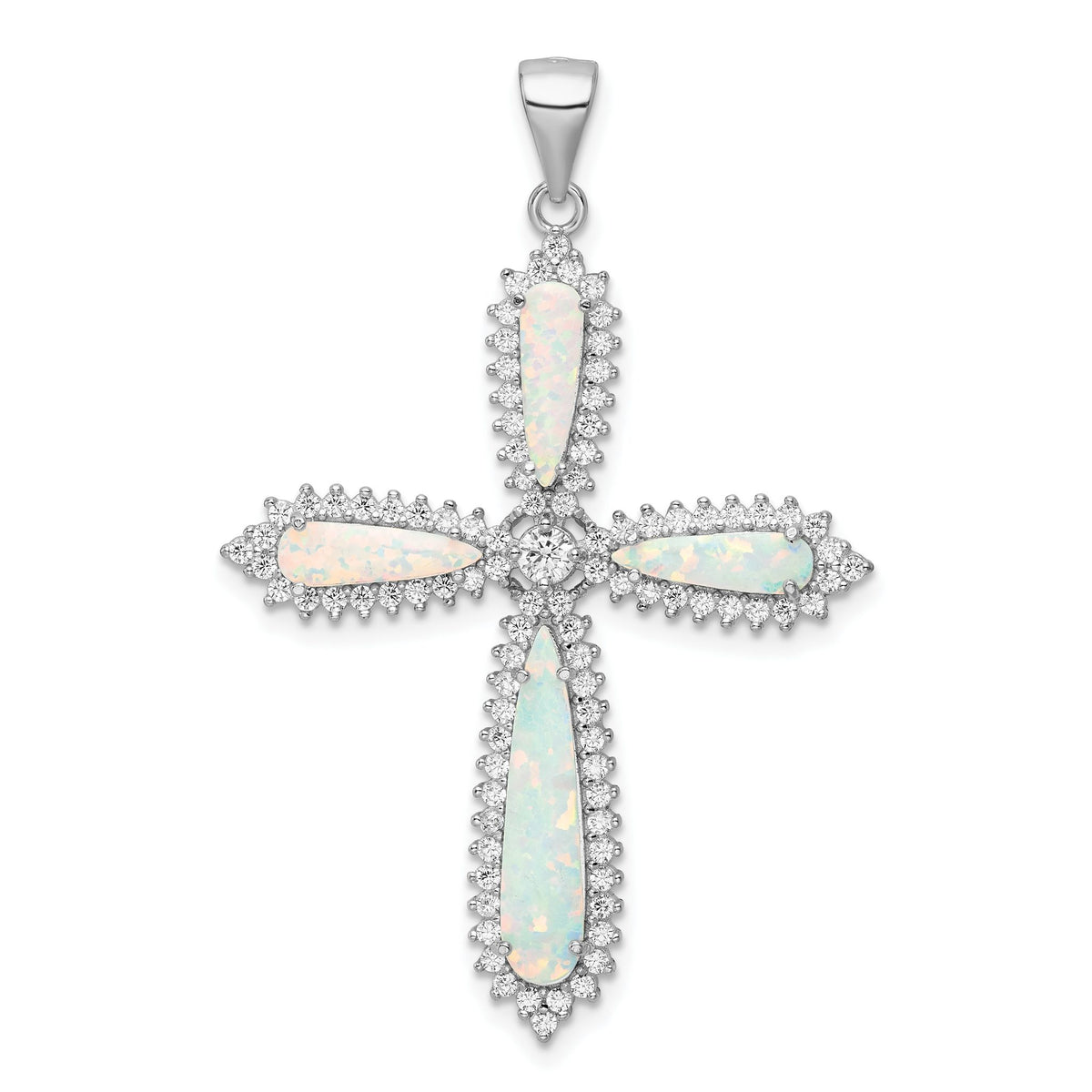White Cross Pendant in Sterling Silver with Lab-Created Opal & Cubic Zirconia - Sophia Jewelers Main image