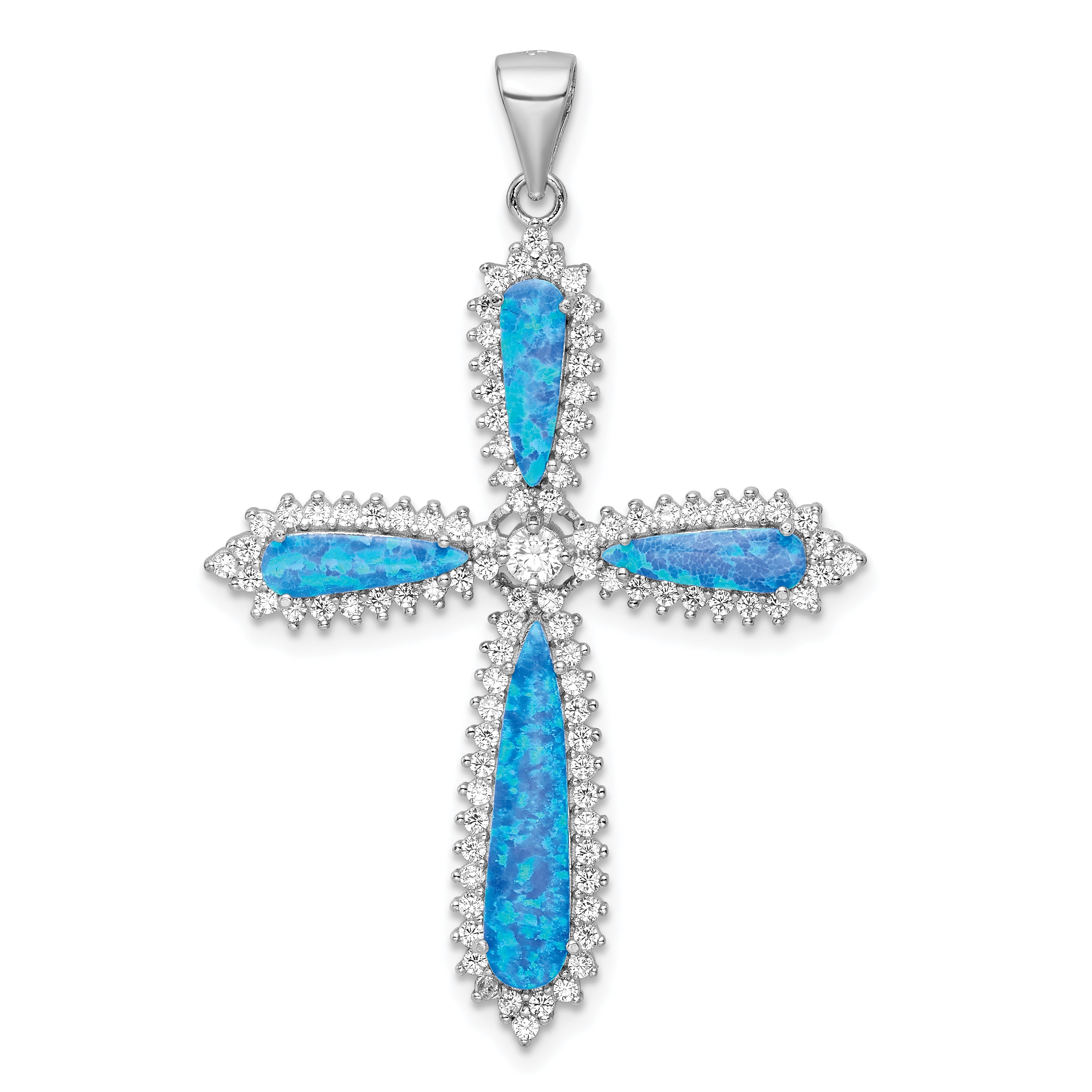 Sterling Silver RH-plated Blue Created Opal & CZ Border Cross Pendant Main image