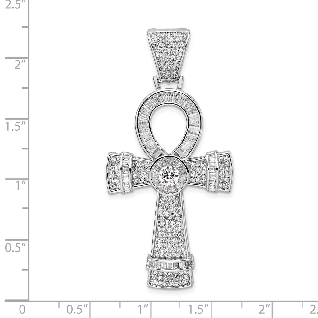 Sterling Silver Rhodium-plated Polished CZ Ankh Cross Pendant