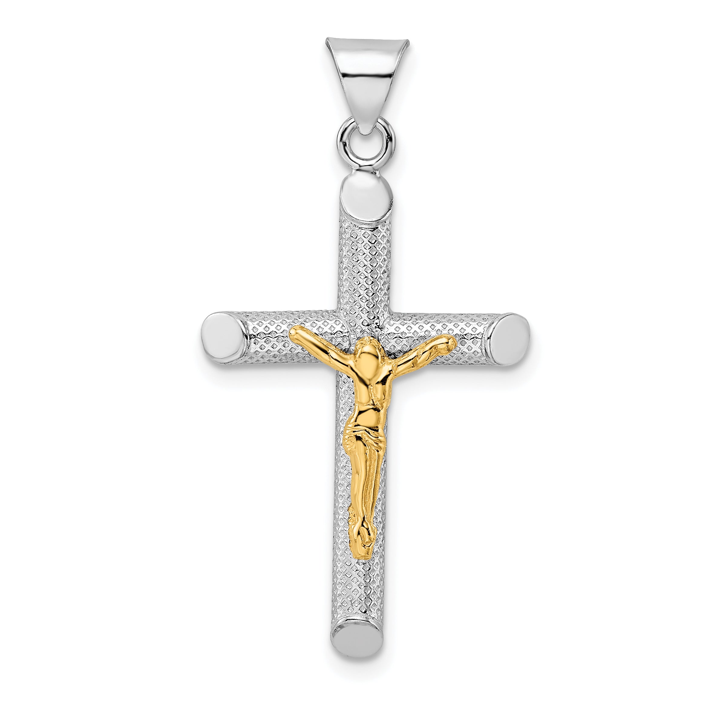 Sterling Silver RH-plate & Gold-tone Polished & Textured Crucifix Pendant Main image