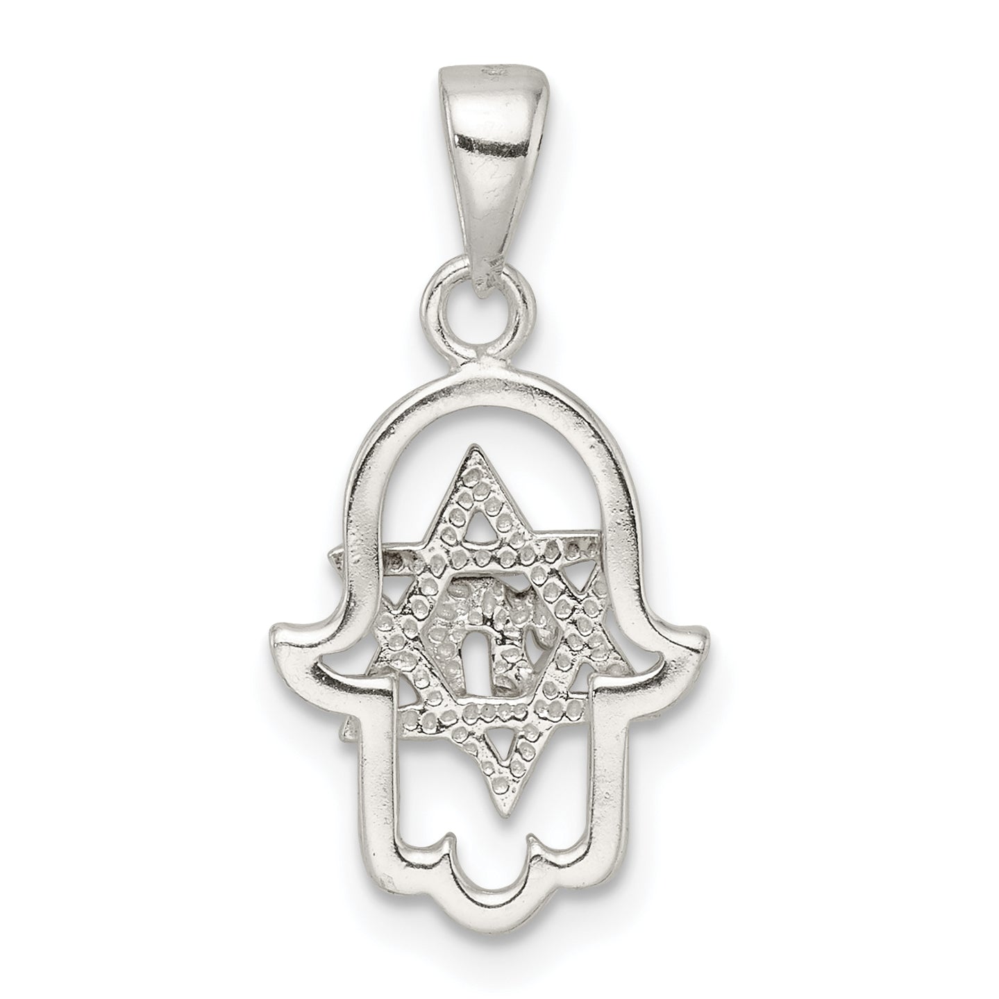 Sterling Silver Polished Chai in Star of David Hamsa Pendant