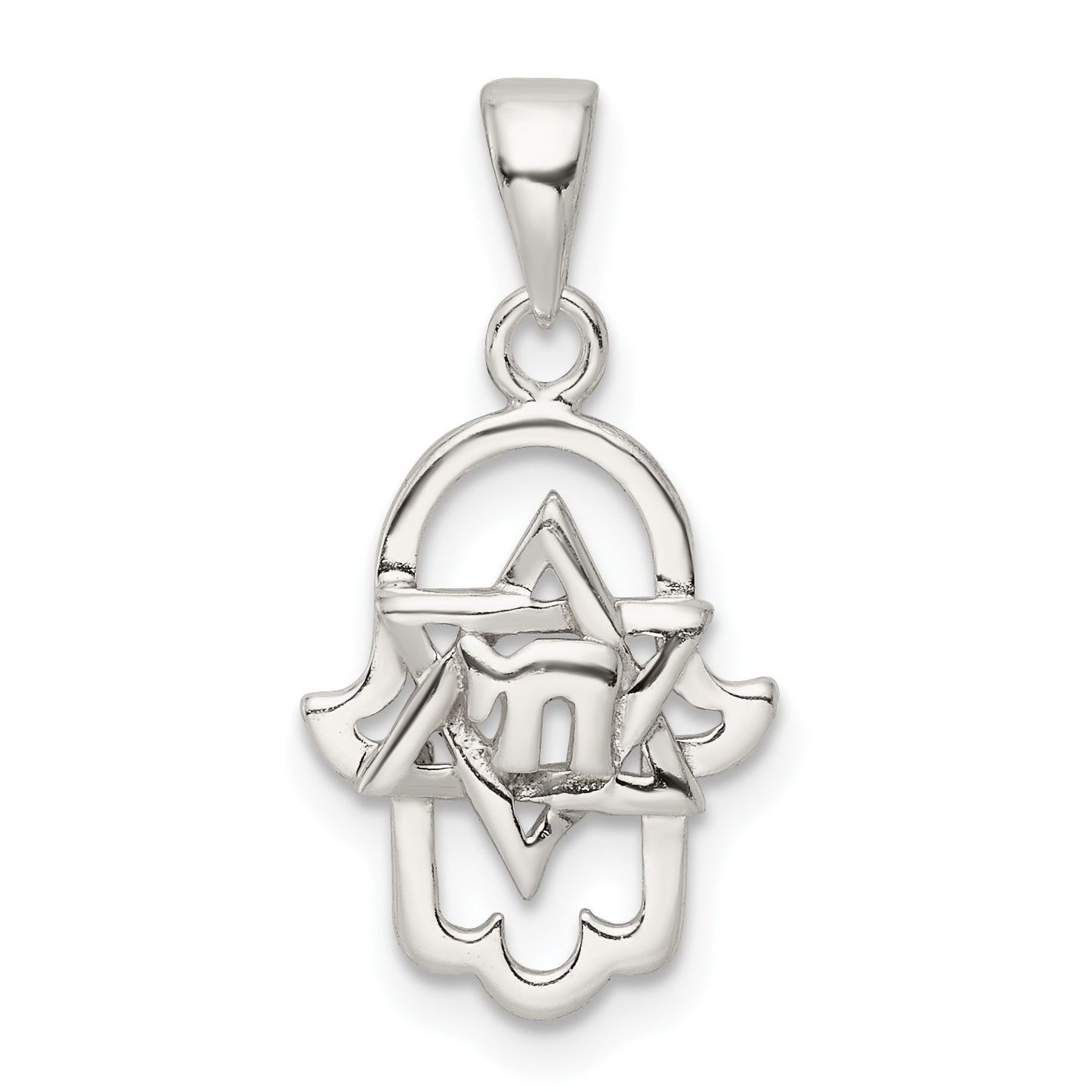 Sterling Silver Polished Chai in Star of David Hamsa Pendant Main image