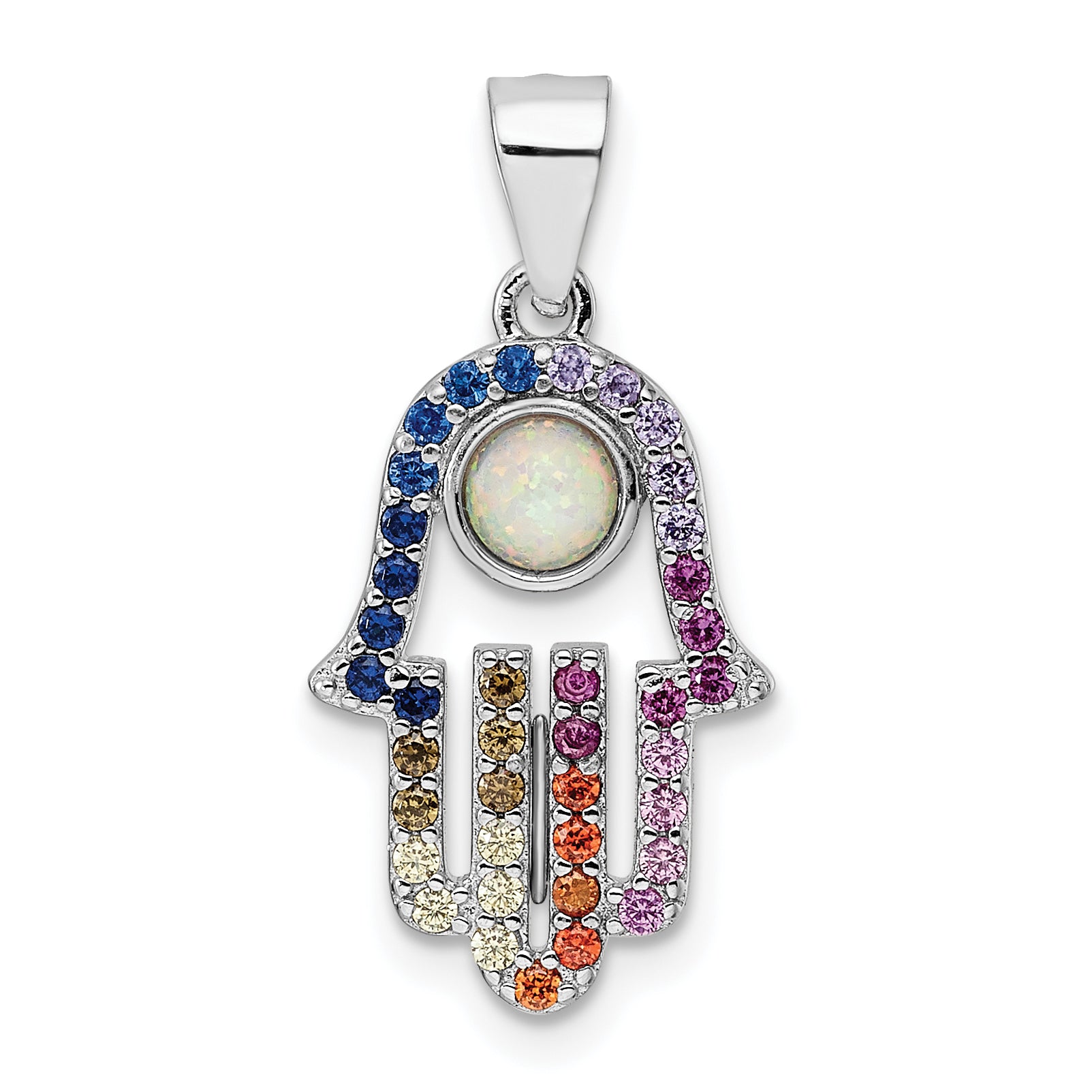 Sterling Silver Rhodium-plated Multicolor CZ & Synthetic Opal Hamsa Pendant Main image