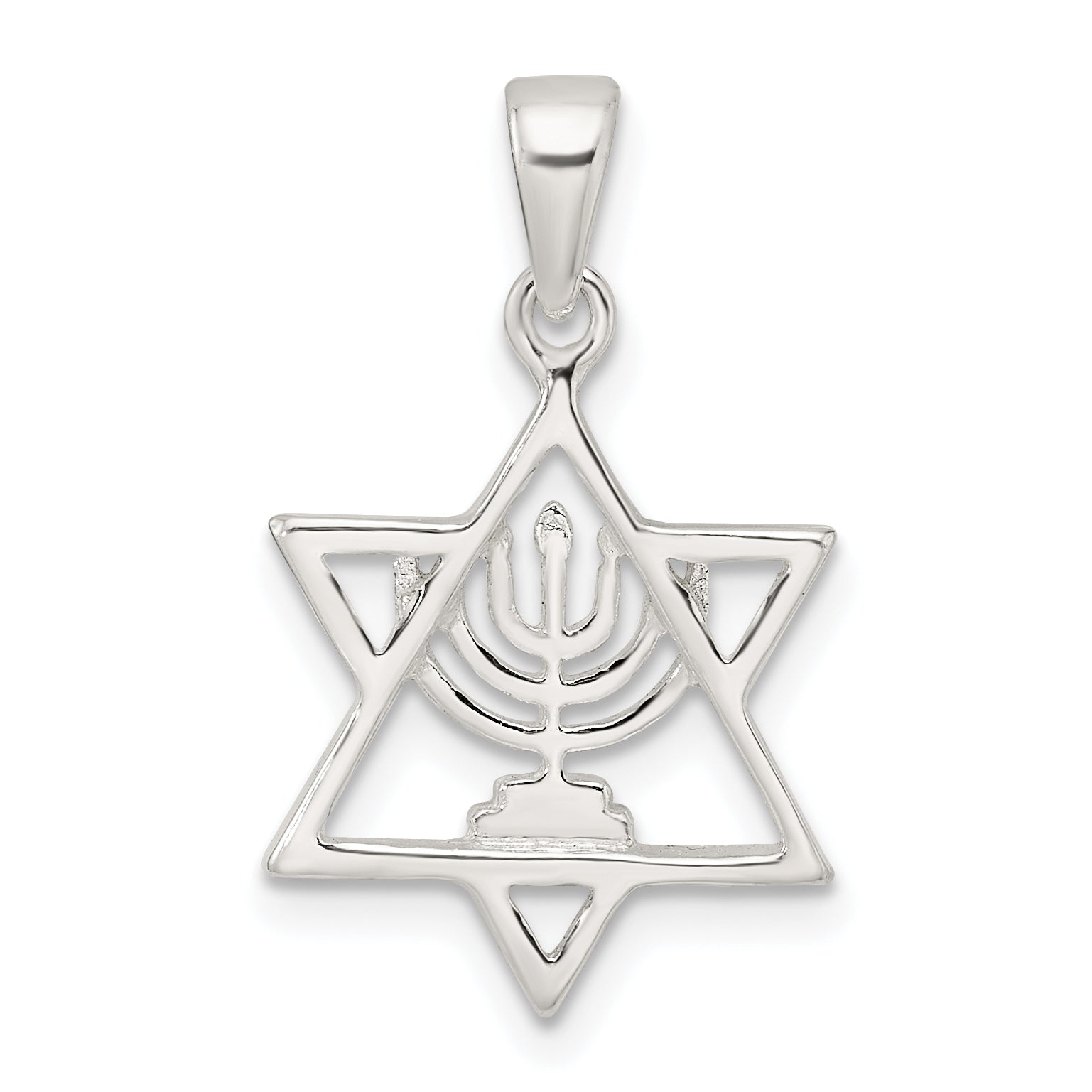 Sterling Silver Polished and D/C Star of David w/Menorah Pendant