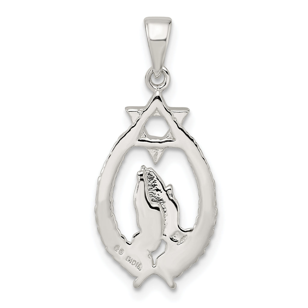 Sterling Silver Polished Star of David w/Praying Hands Pendant