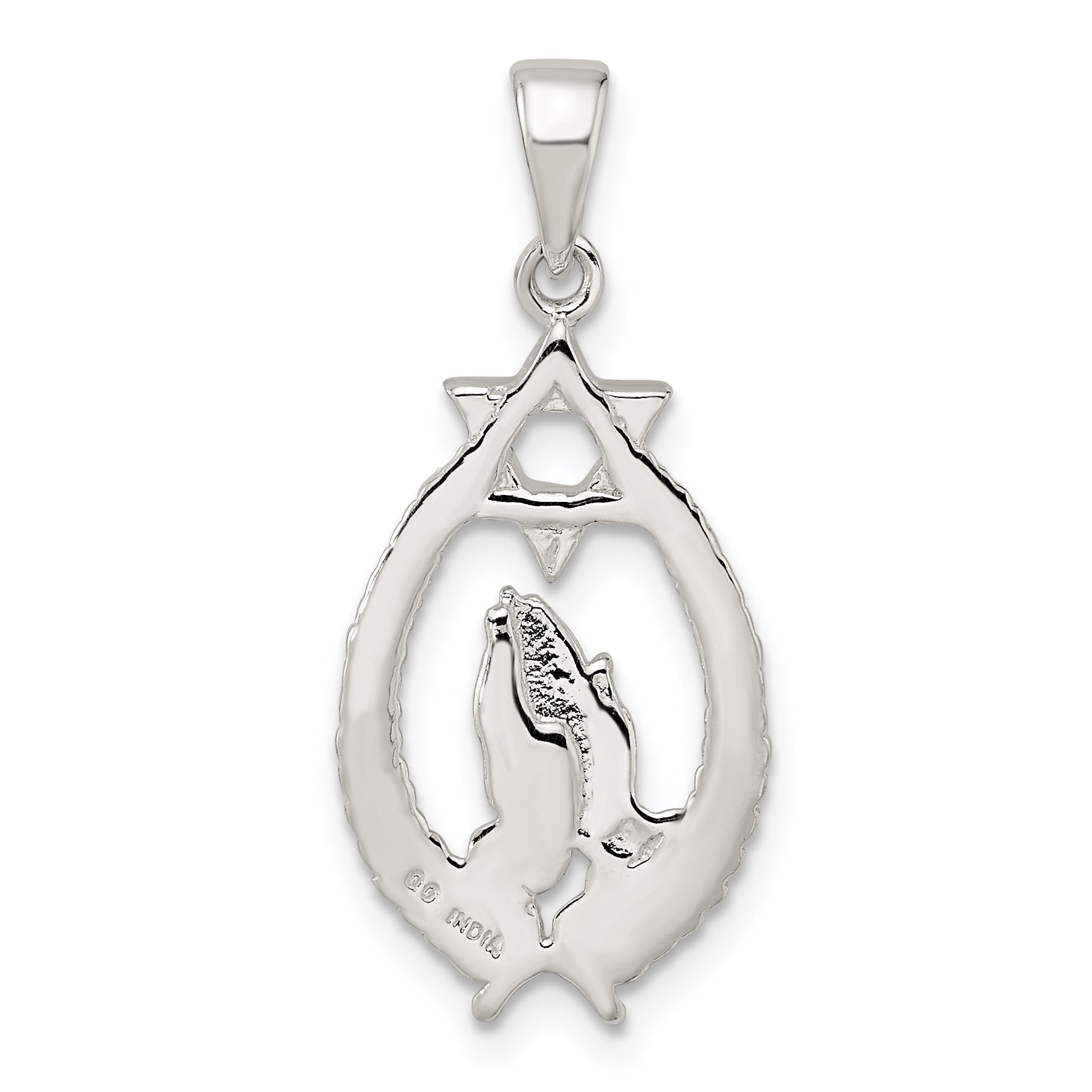 Sterling Silver Polished Star of David w/Praying Hands Pendant