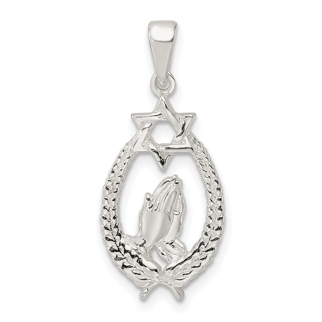 Sterling Silver Polished Star of David w/Praying Hands Pendant