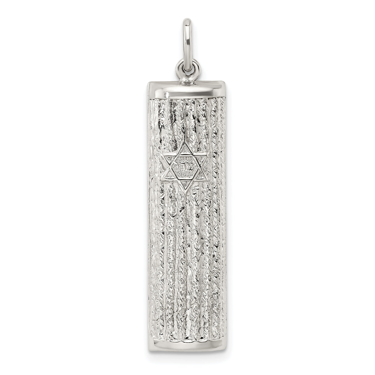 Sterling Silver Polished and Textured Solid Mezuzah w/Star of David Pendant